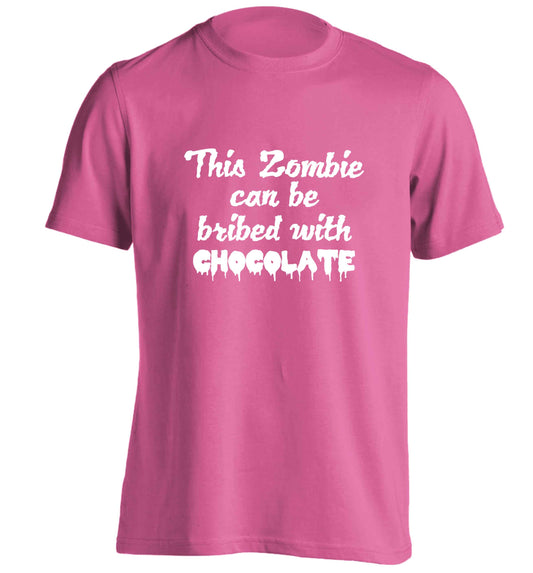 This zombie can be bribed with chocolate adults unisex pink Tshirt 2XL