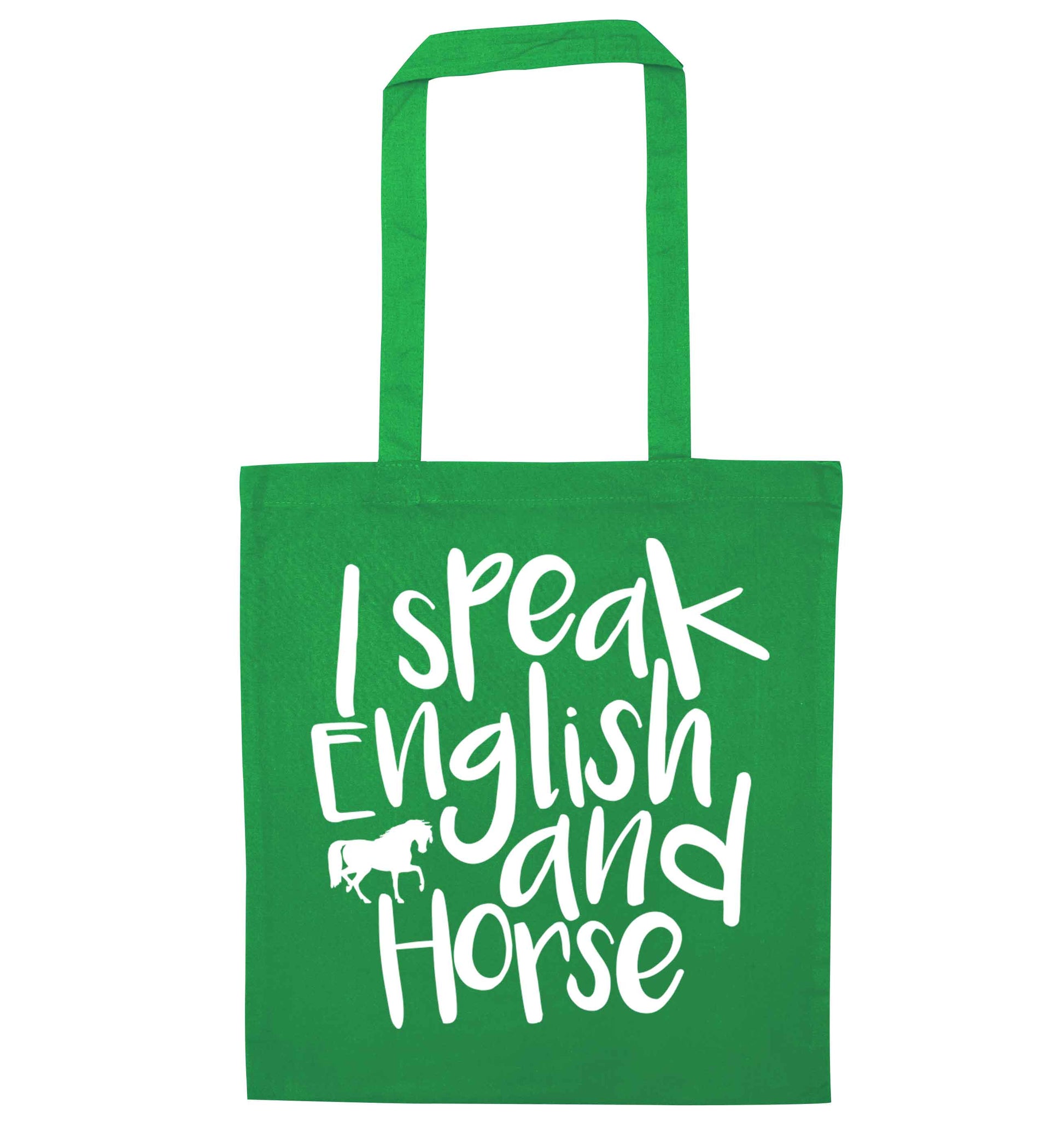 I speak English and horse green tote bag