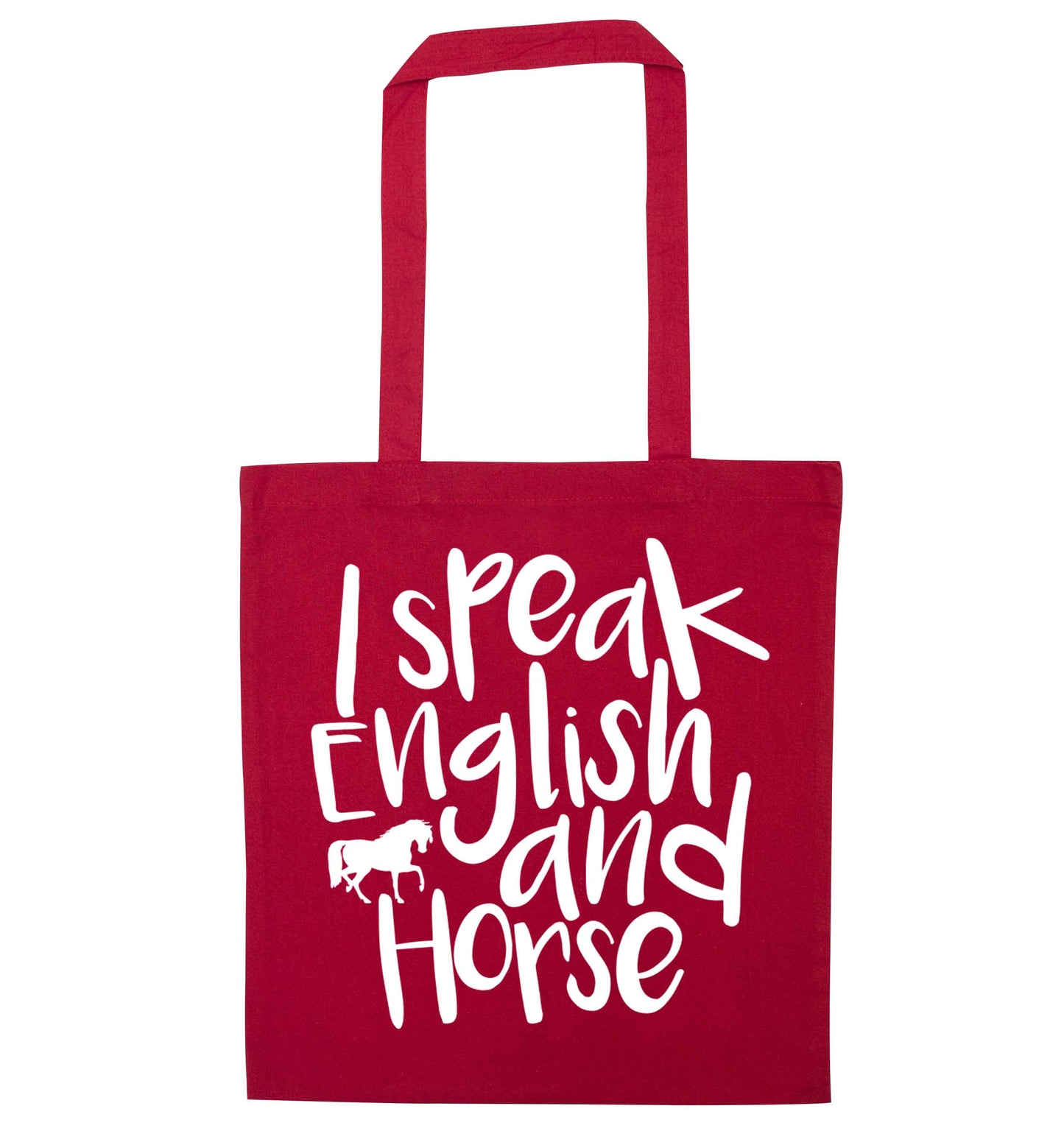 I speak English and horse red tote bag