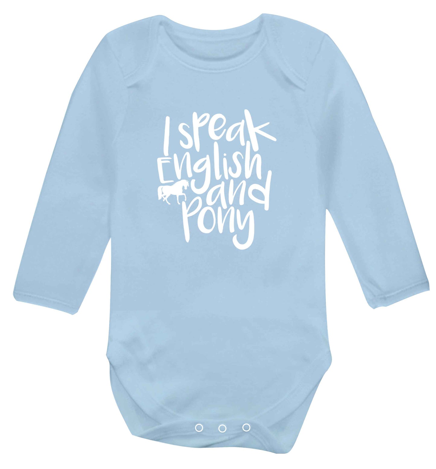 I speak English and pony baby vest long sleeved pale blue 6-12 months