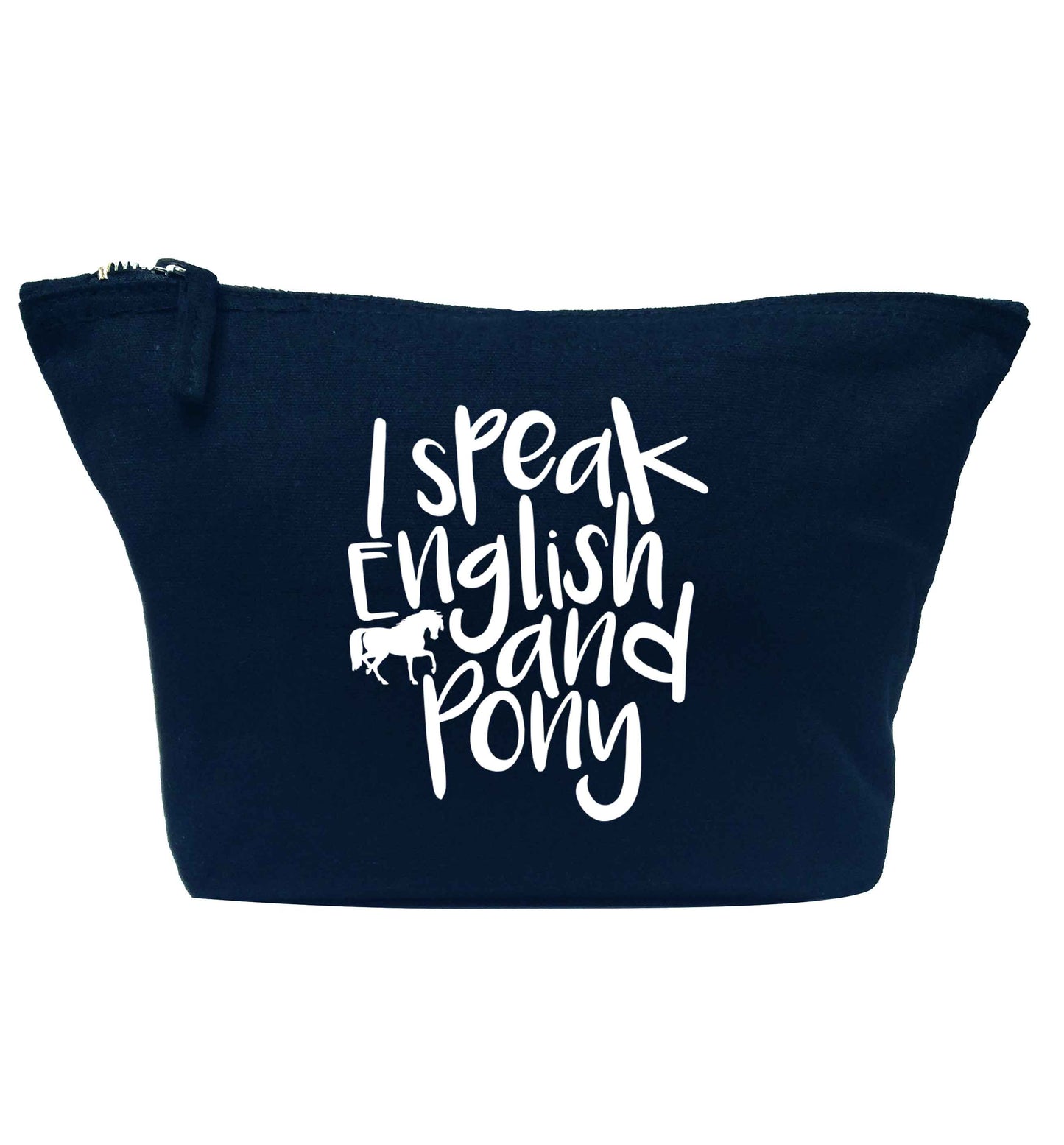 I speak English and pony navy makeup bag