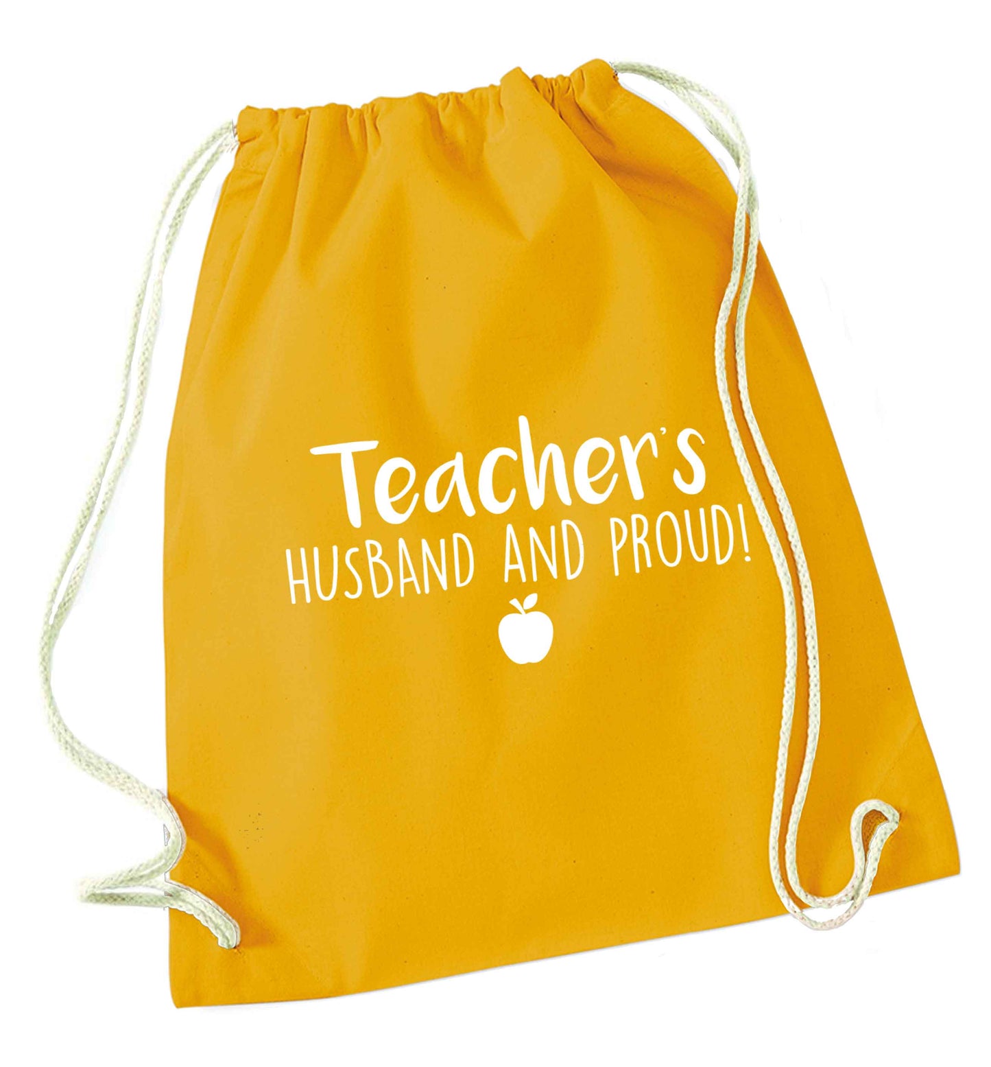 Teachers husband and proud mustard drawstring bag