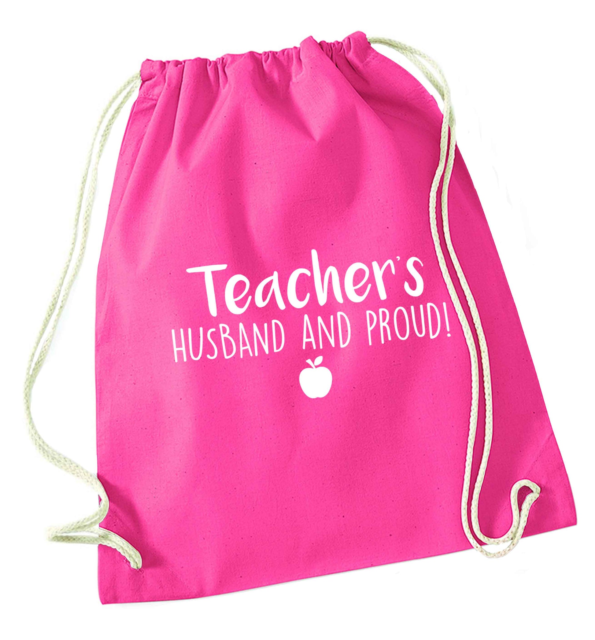 Teachers husband and proud pink drawstring bag