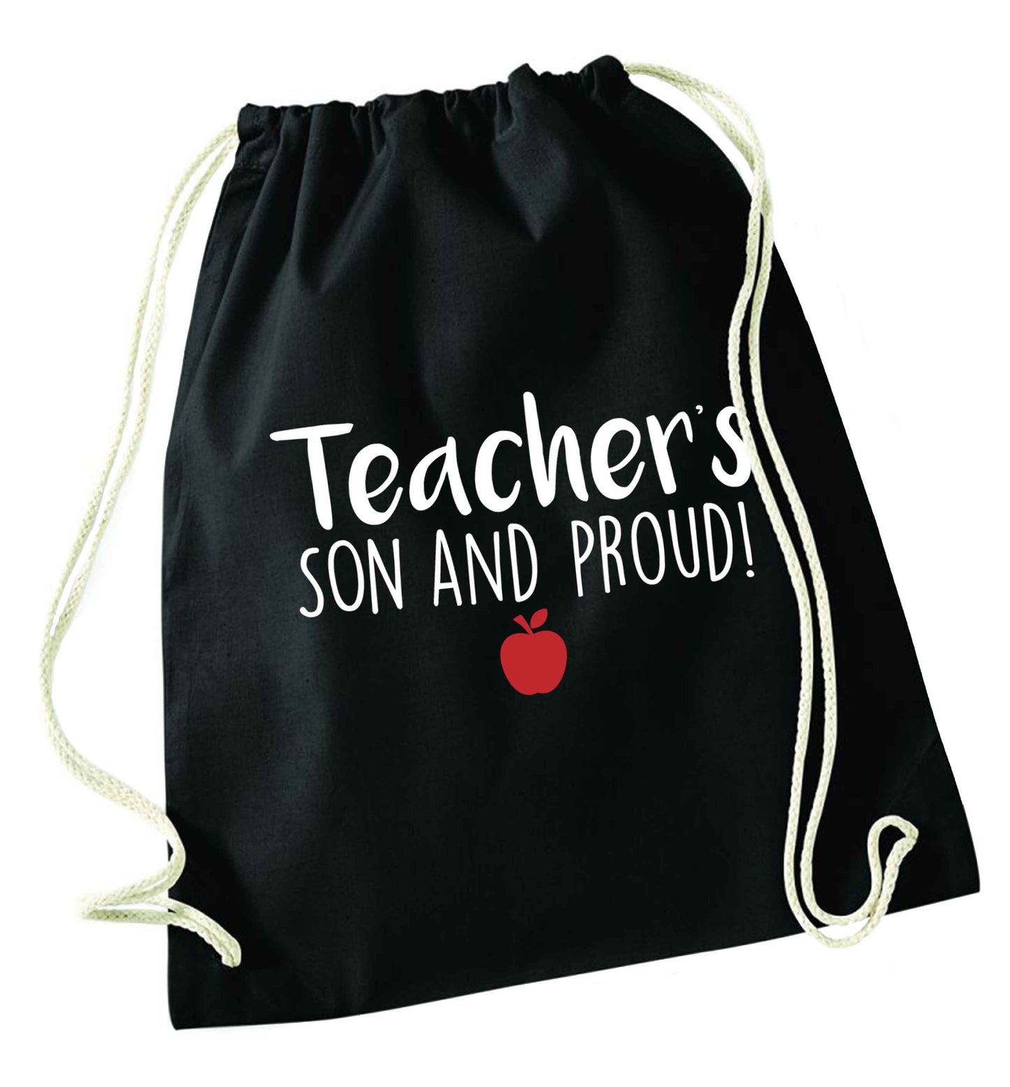 Teachers son and proud black drawstring bag