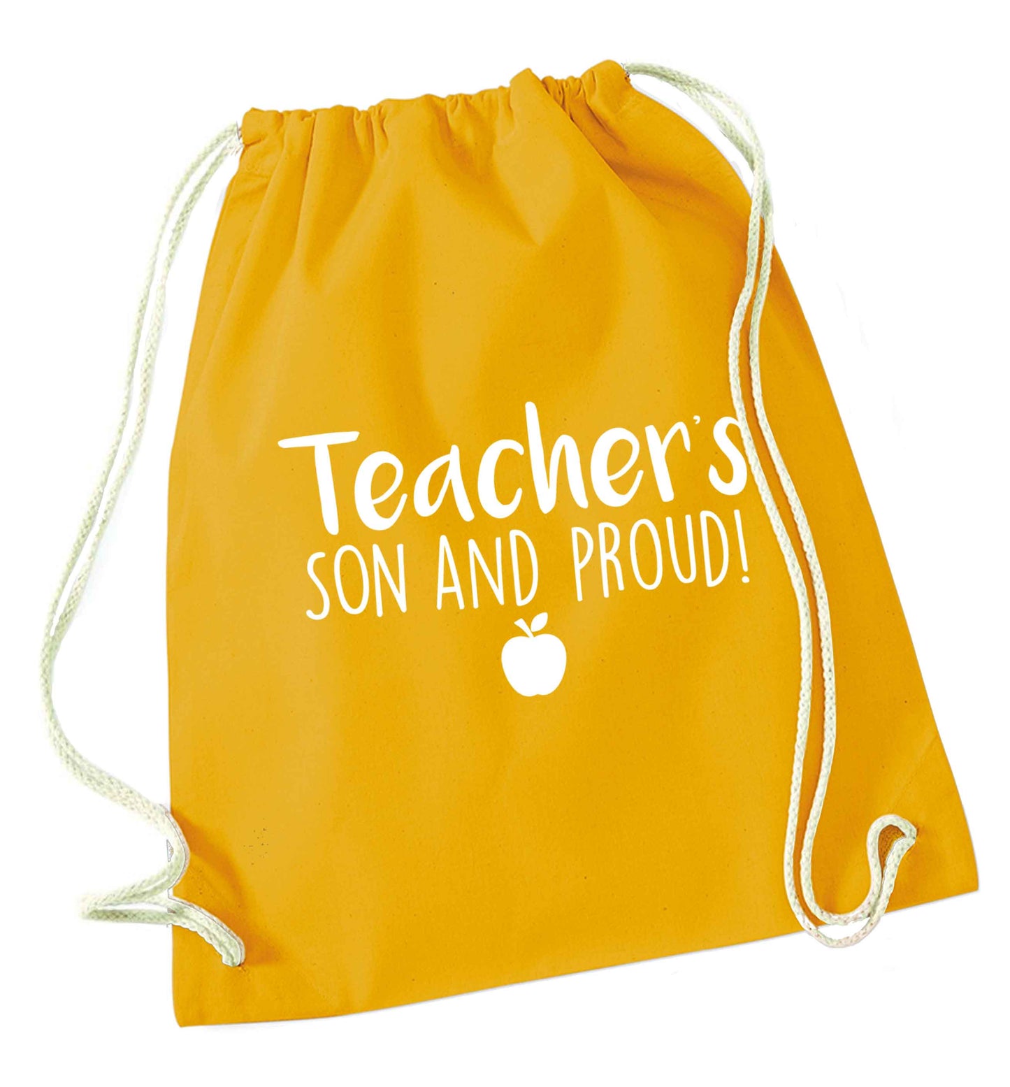 Teachers son and proud mustard drawstring bag