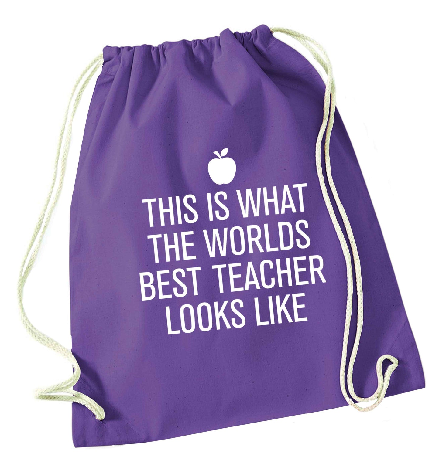 This is what the worlds best teacher looks like purple drawstring bag