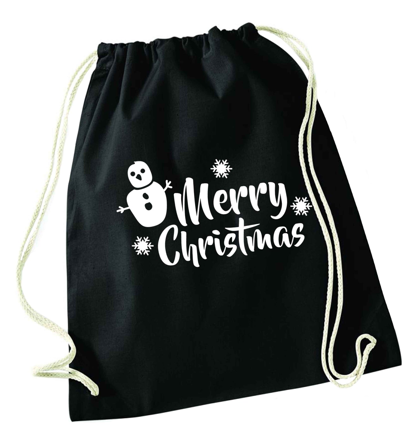 Merry Christmas - snowman black drawstring bag