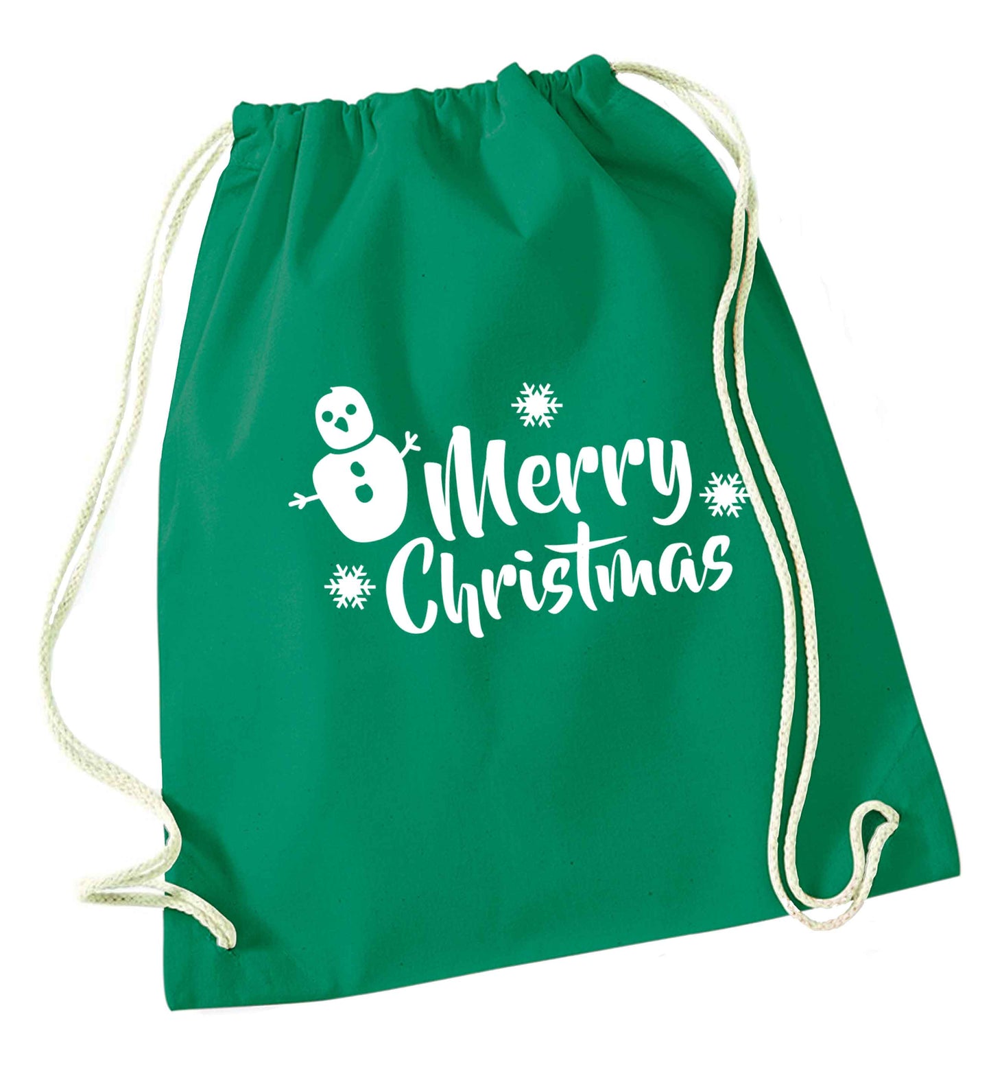 Merry Christmas - snowman green drawstring bag