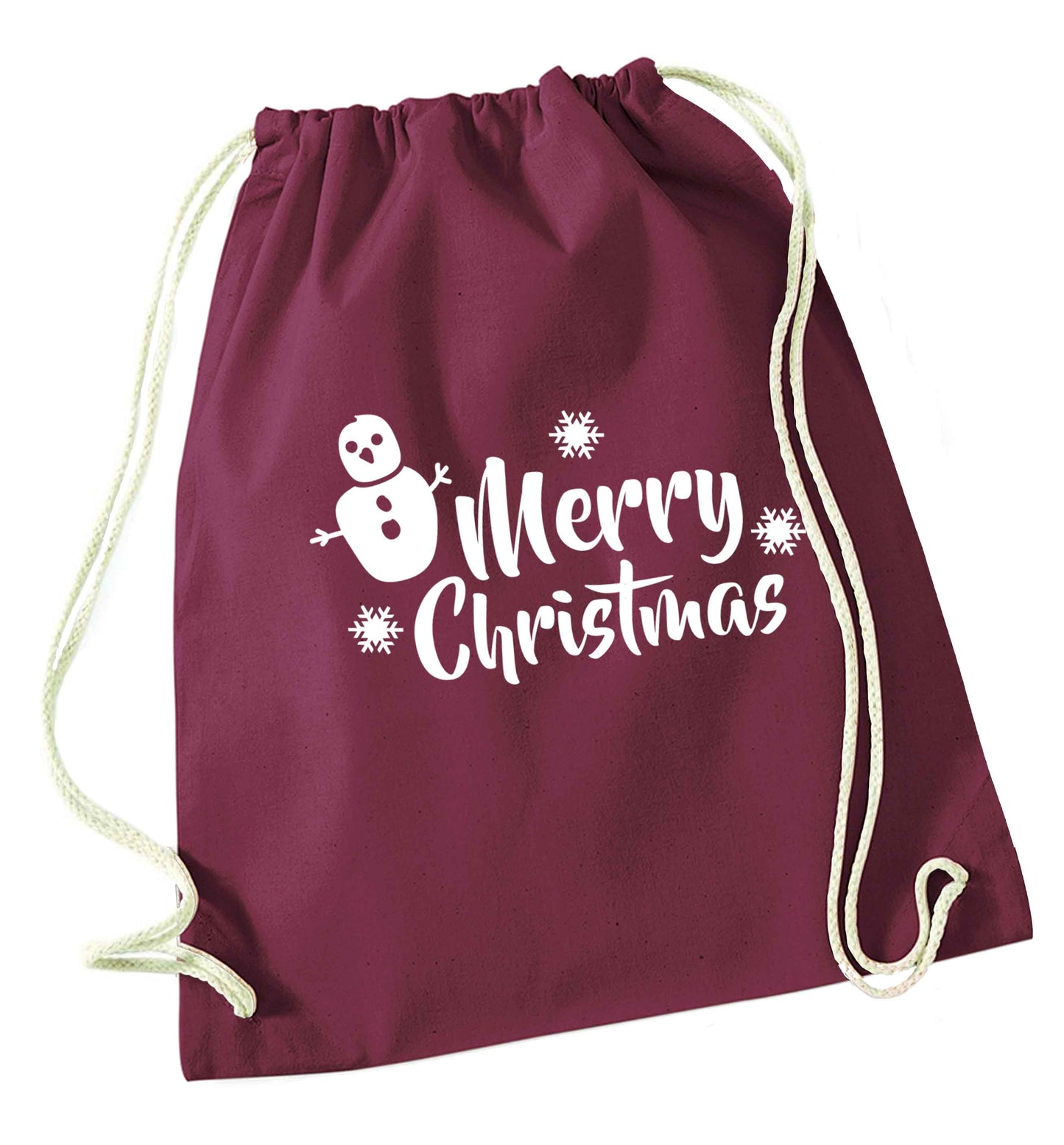 Merry Christmas - snowman maroon drawstring bag