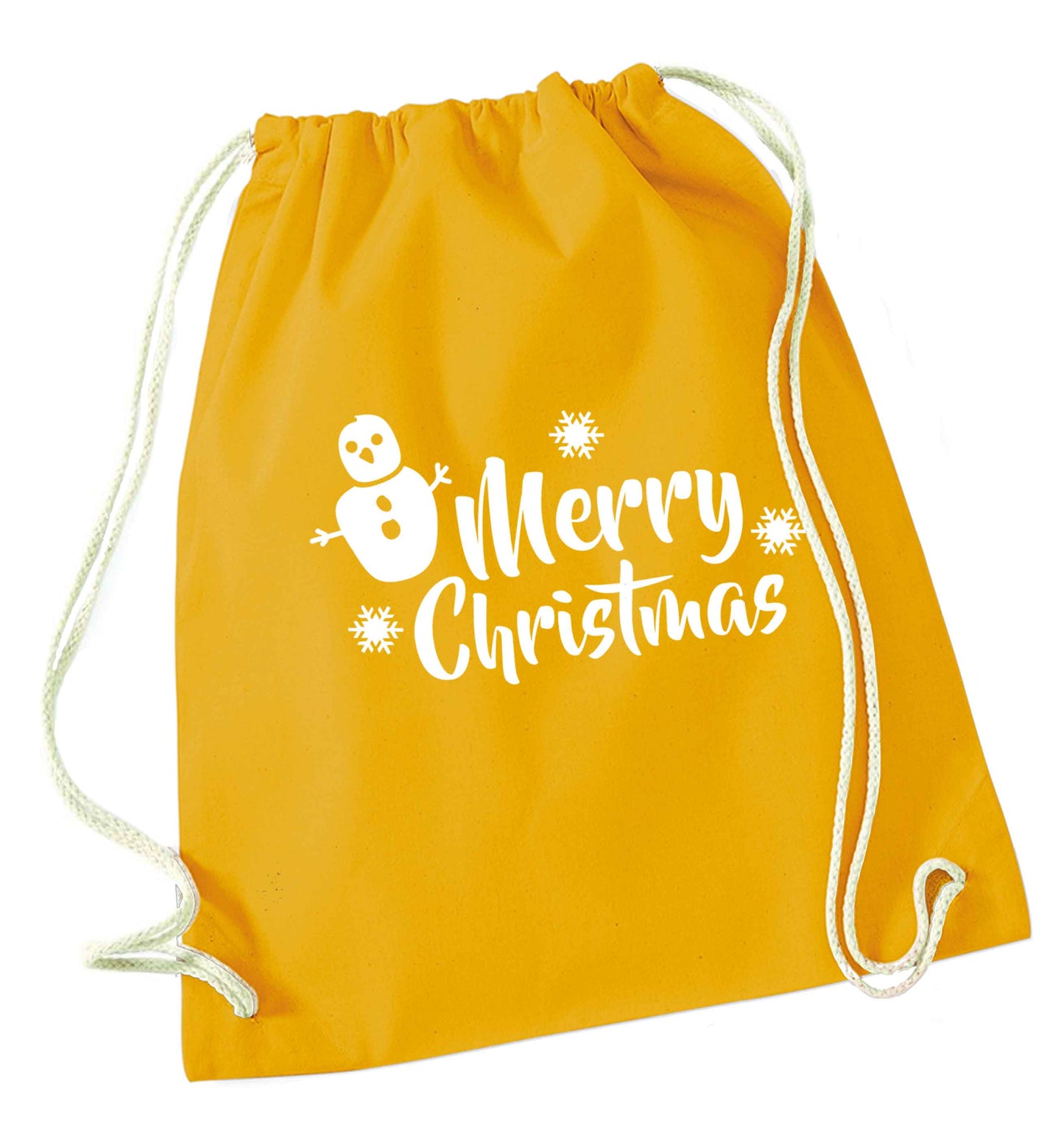 Merry Christmas - snowman mustard drawstring bag