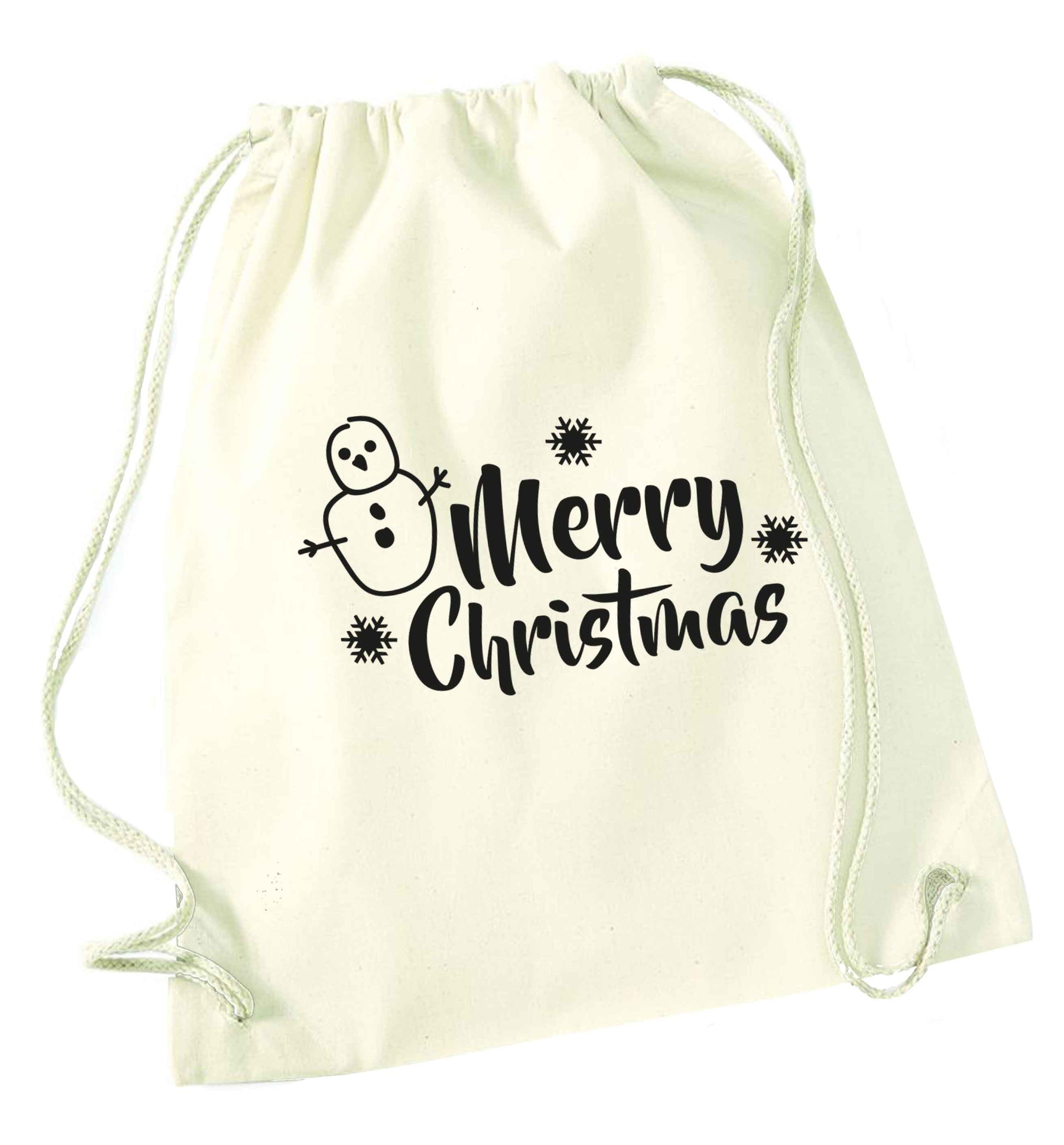 Merry Christmas - snowman natural drawstring bag