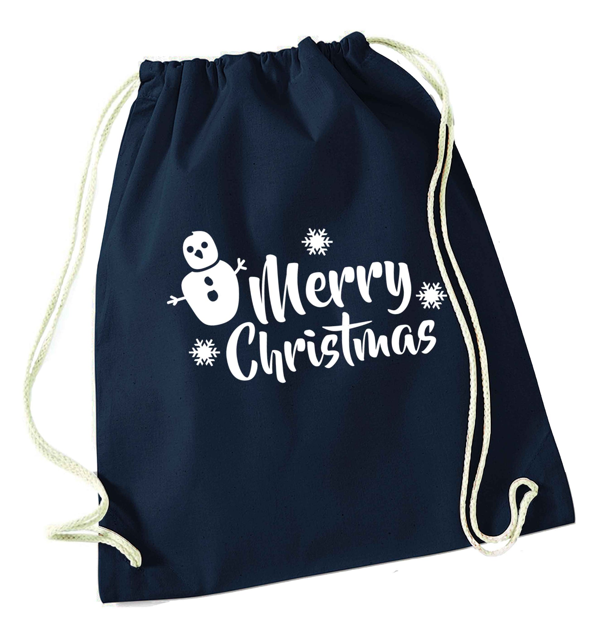 Merry Christmas - snowman navy drawstring bag