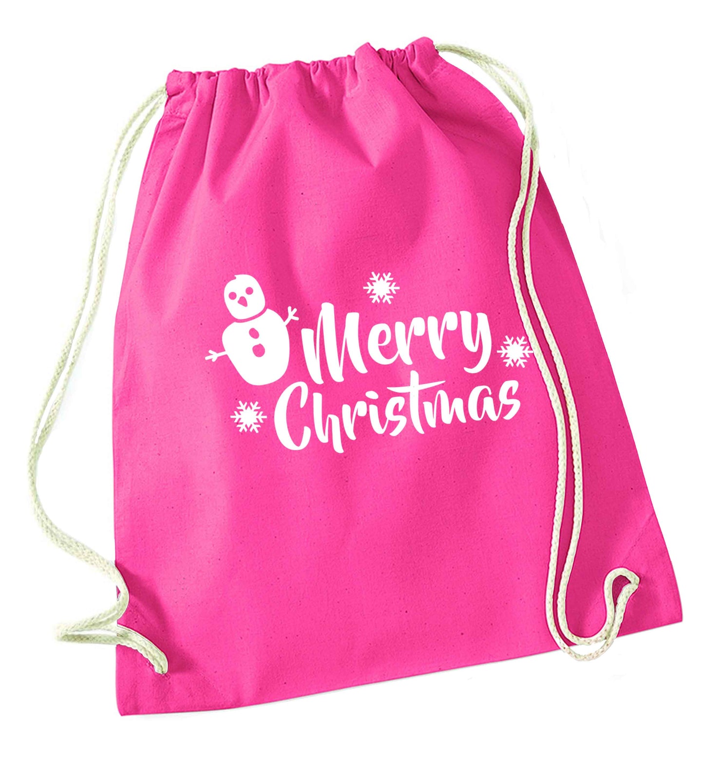 Merry Christmas - snowman pink drawstring bag