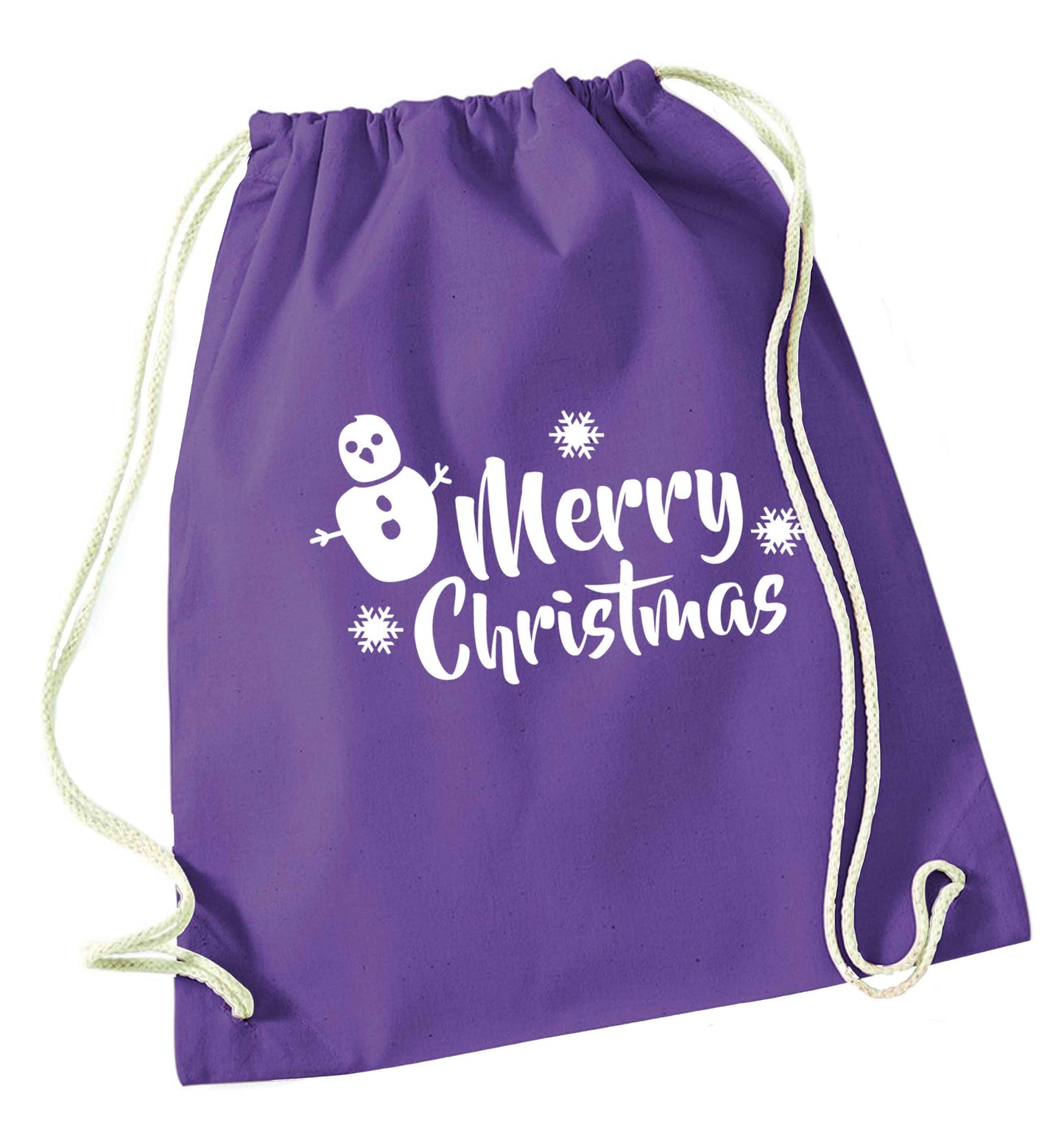 Merry Christmas - snowman purple drawstring bag