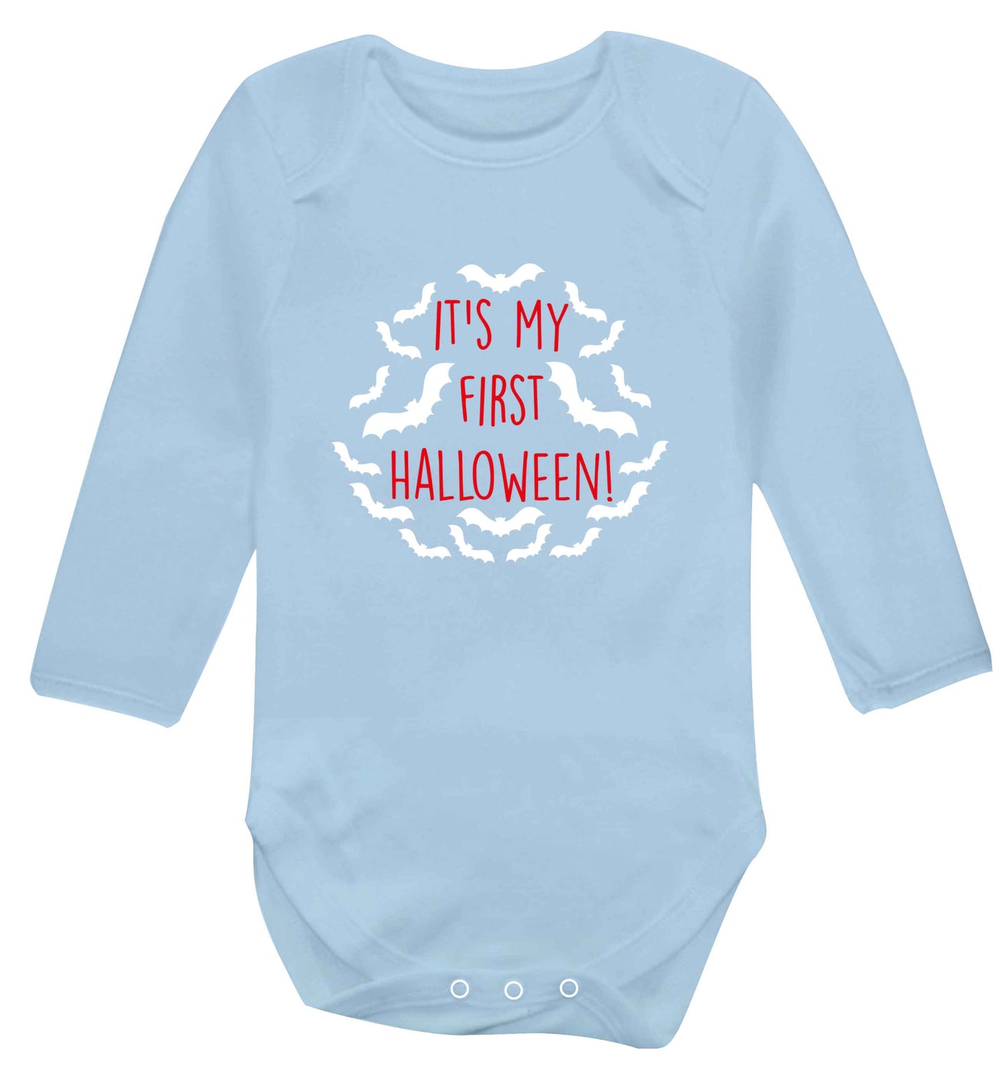 It's my first halloween - bat border baby vest long sleeved pale blue 6-12 months