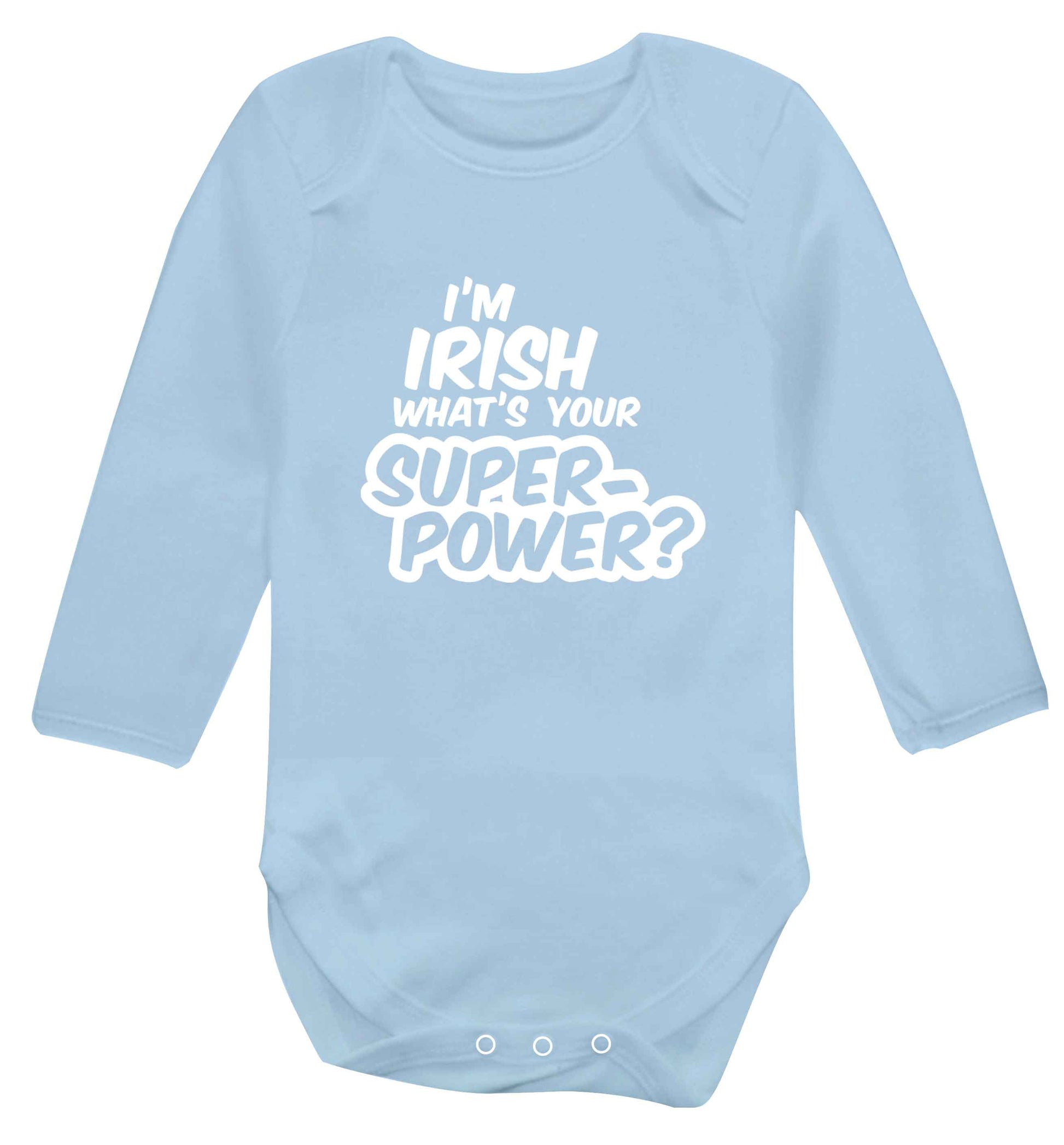 I'm Irish what's your superpower? baby vest long sleeved pale blue 6-12 months