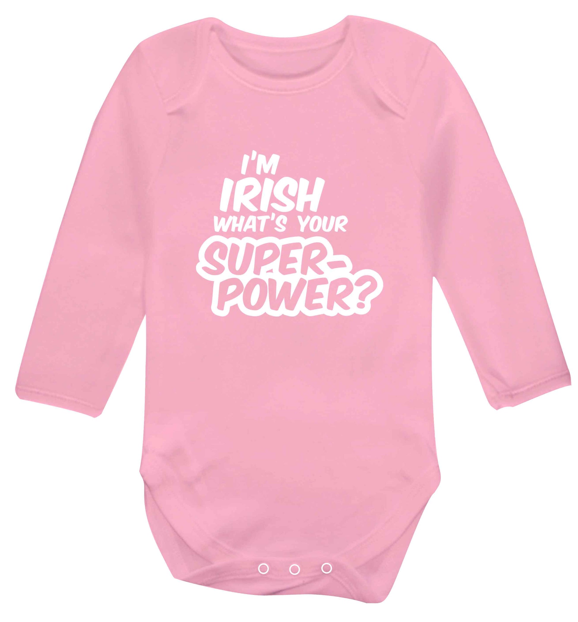 I'm Irish what's your superpower? baby vest long sleeved pale pink 6-12 months