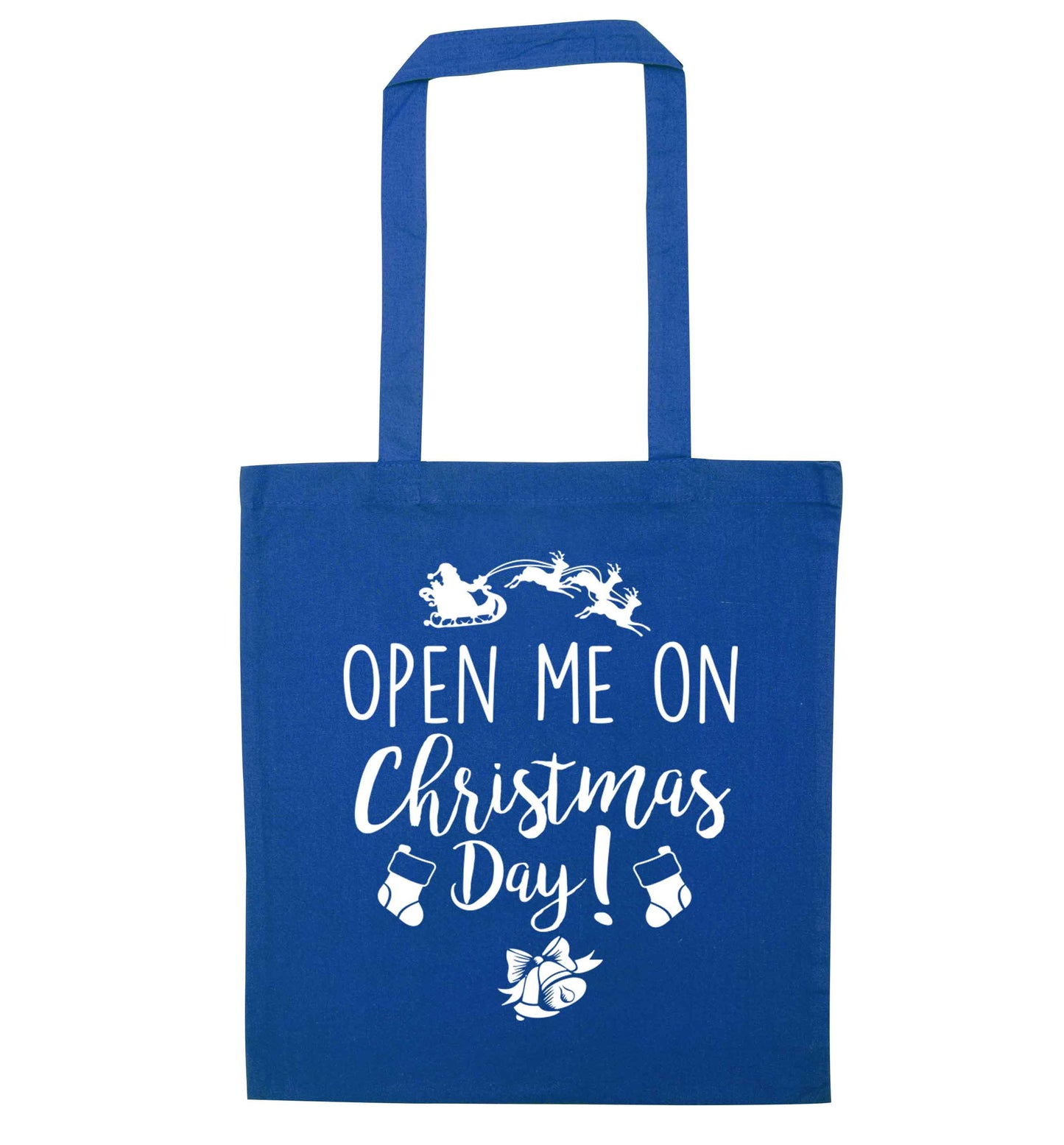 Open me on Christmas Day blue tote bag