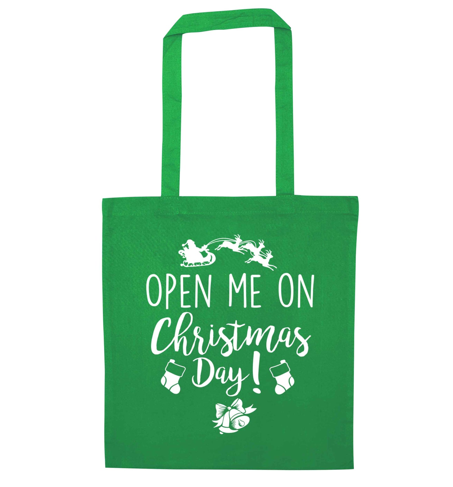 Open me on Christmas Day green tote bag