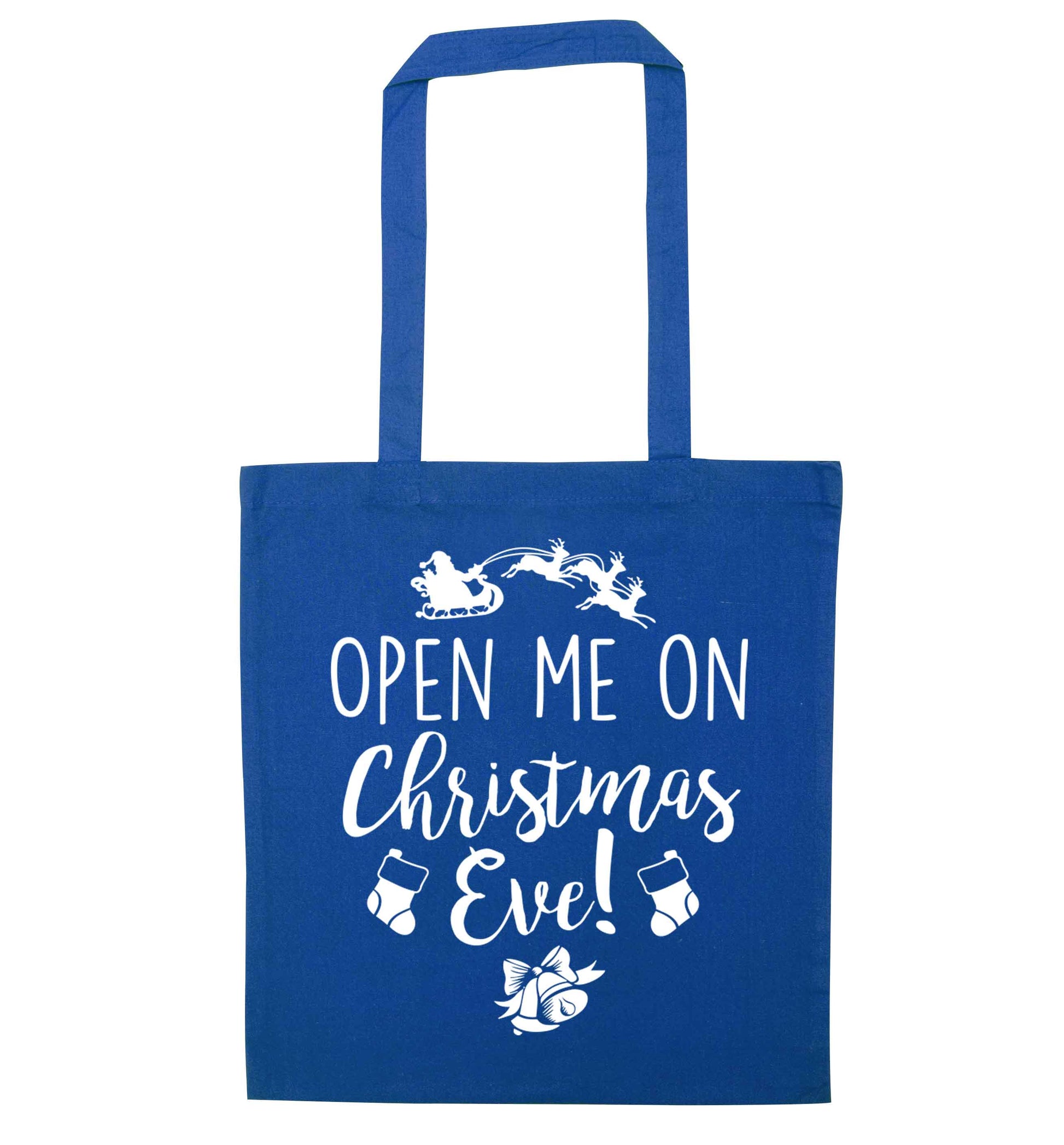 Open me on Christmas Day blue tote bag