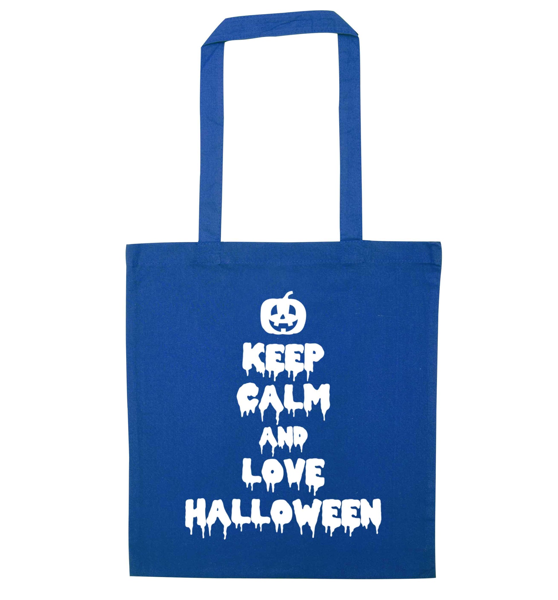 Keep calm and love halloween blue tote bag