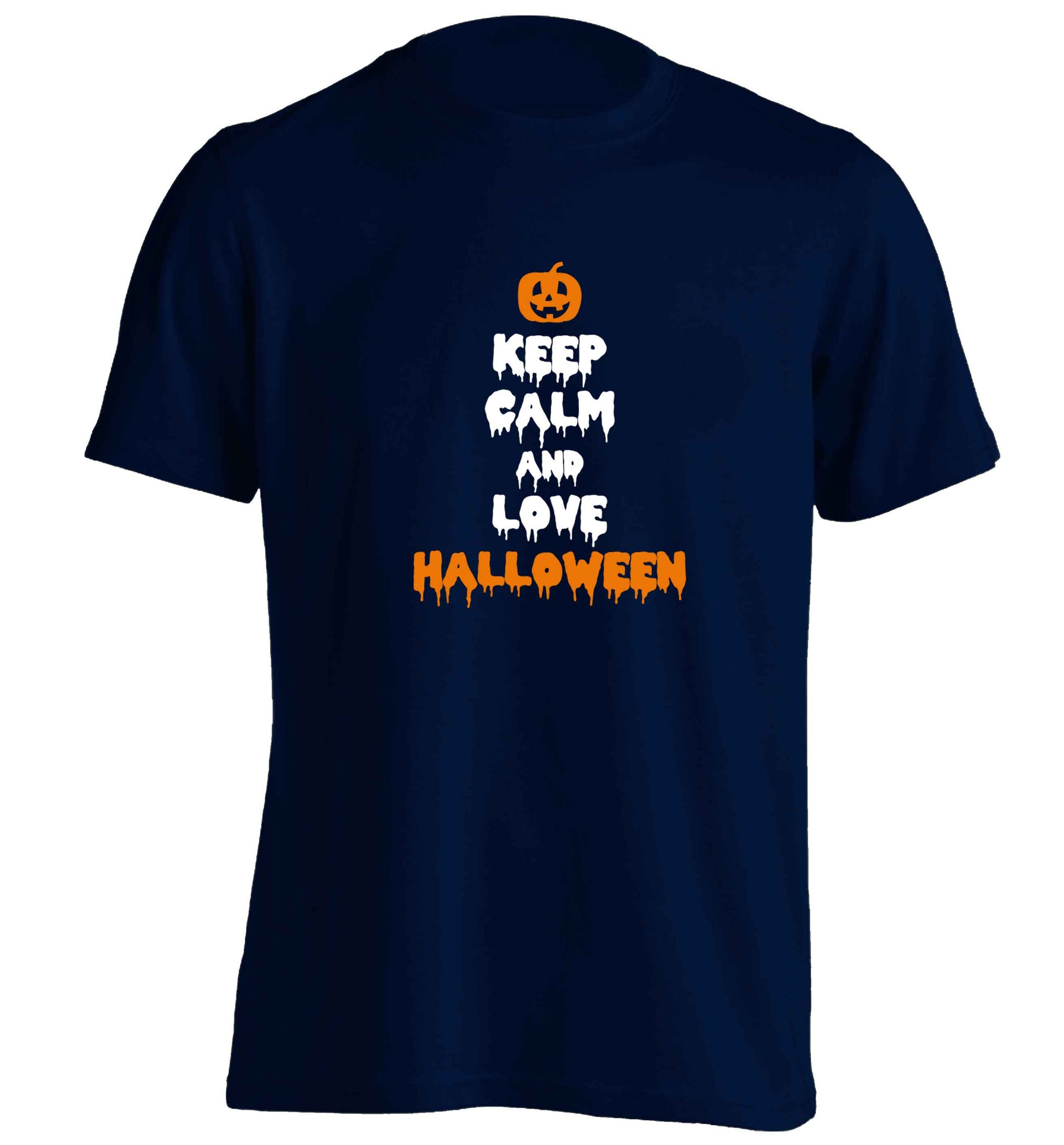 Keep calm and love halloween adults unisex navy Tshirt 2XL