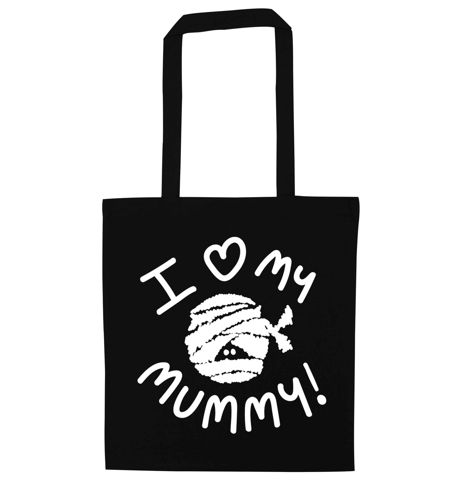 I love my mummy halloween pun black tote bag
