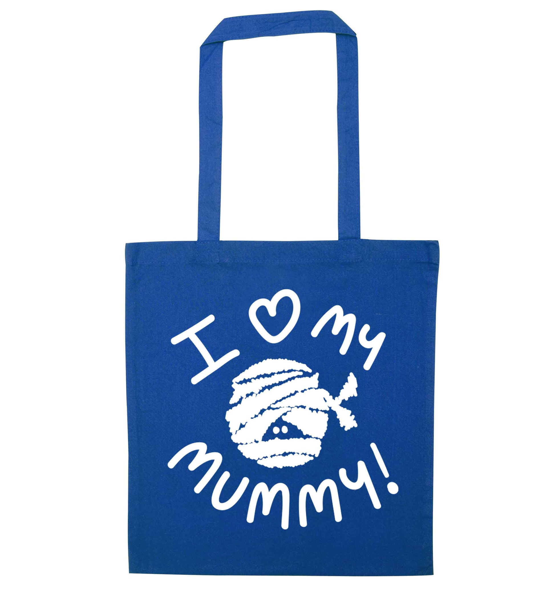 I love my mummy halloween pun blue tote bag