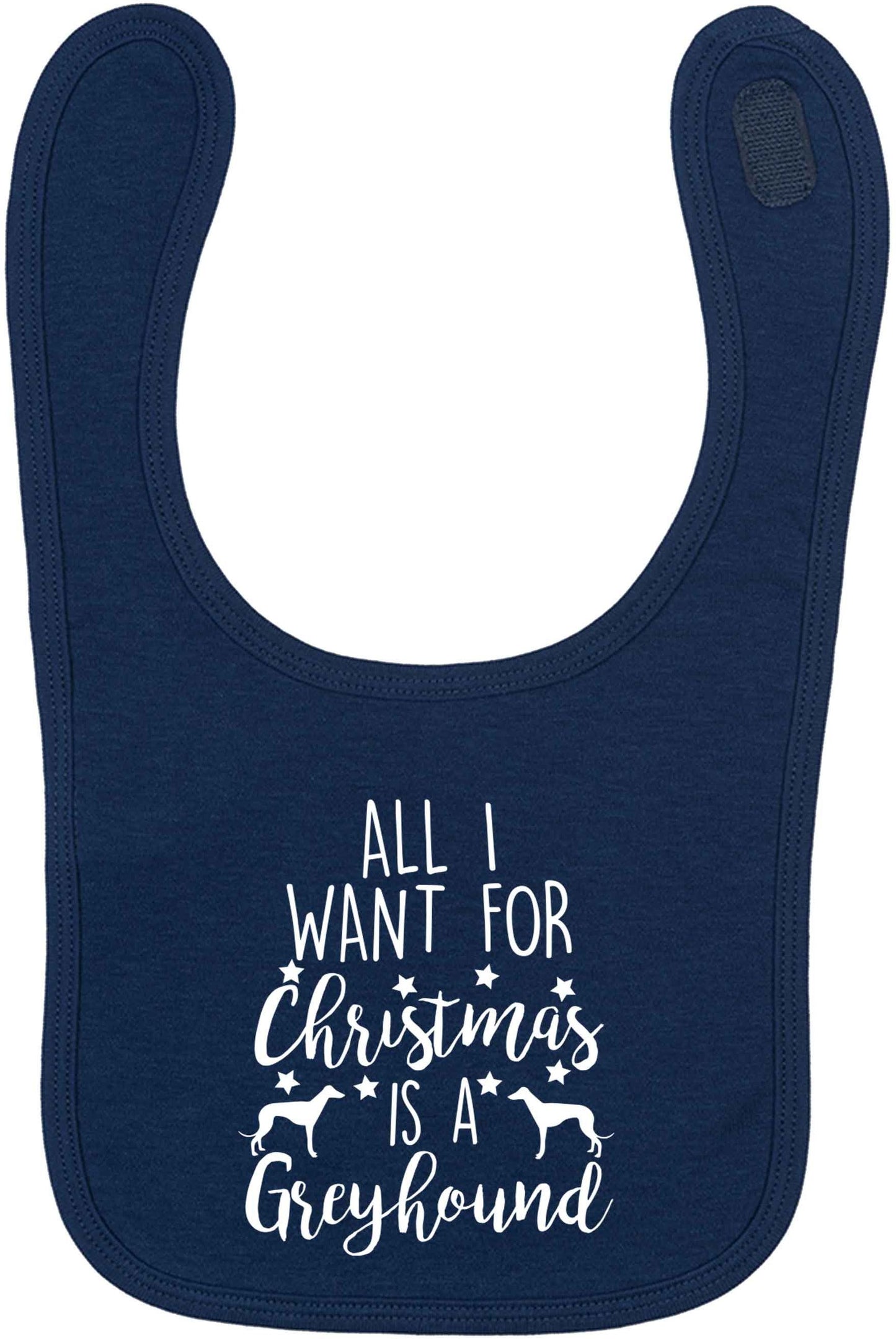 All I want for Christmas is a greyhound navy baby bib