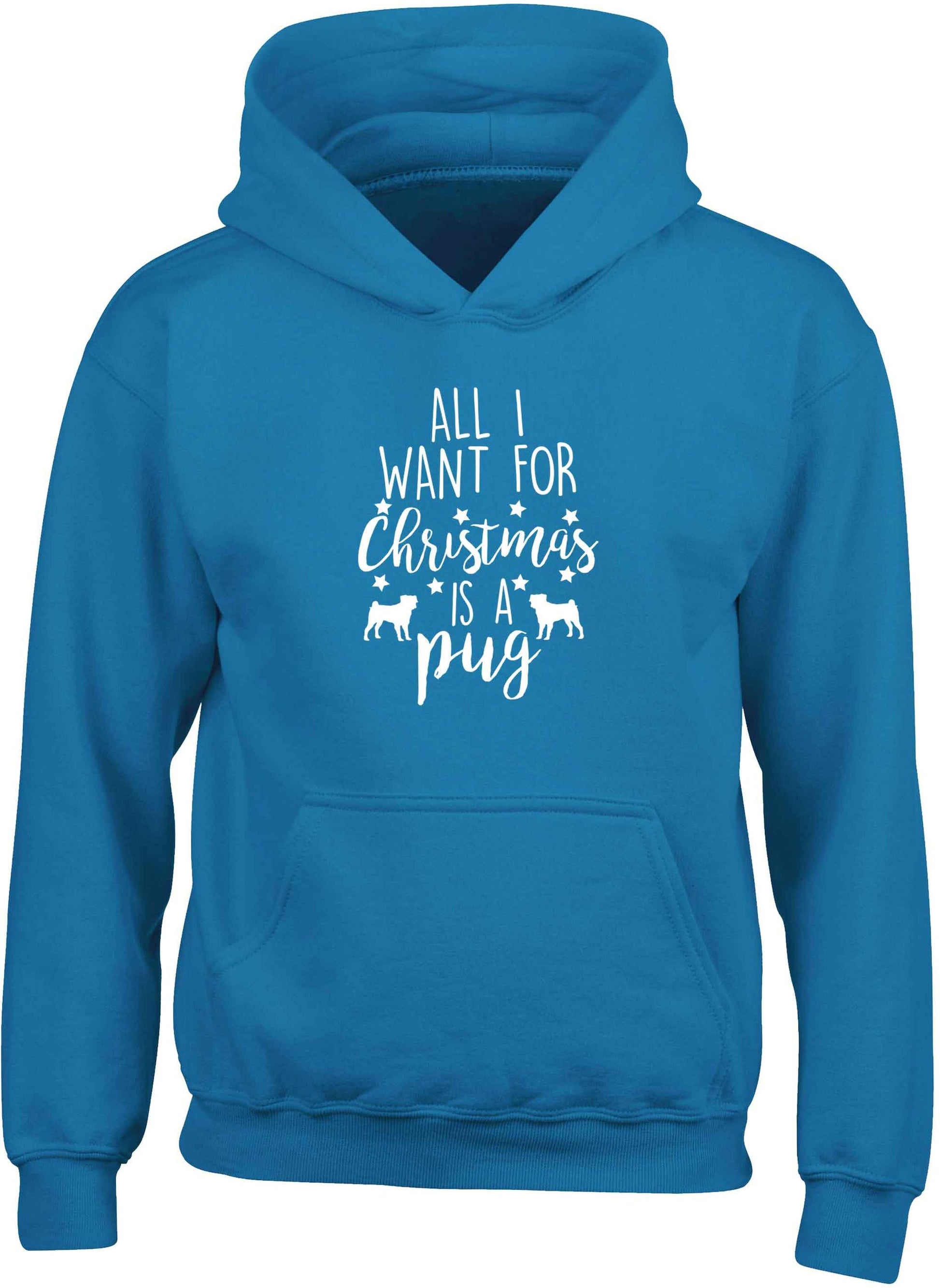 All I want for Christmas is a pug children's blue hoodie 12-13 Years
