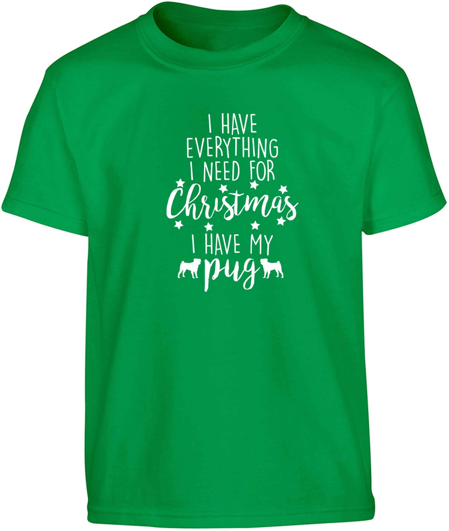I have everything I need for Christmas I have my pug Children's green Tshirt 12-13 Years