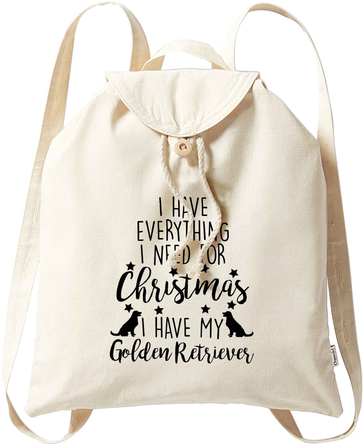 I have everything I need for Christmas I have my golden retriever organic cotton backpack tote with wooden buttons in natural