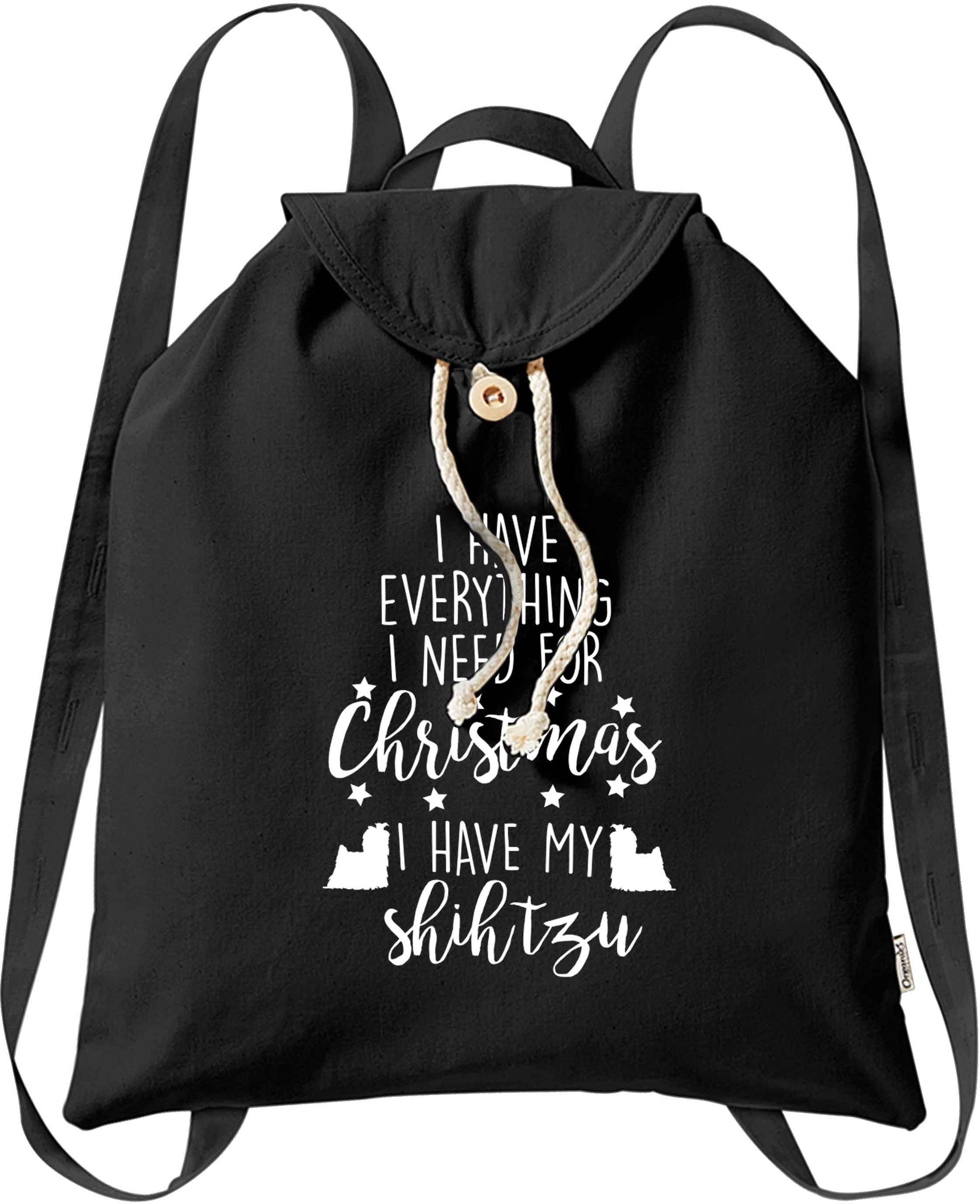 I have everything I need for Christmas I have my shih tzu organic cotton backpack tote with wooden buttons in black