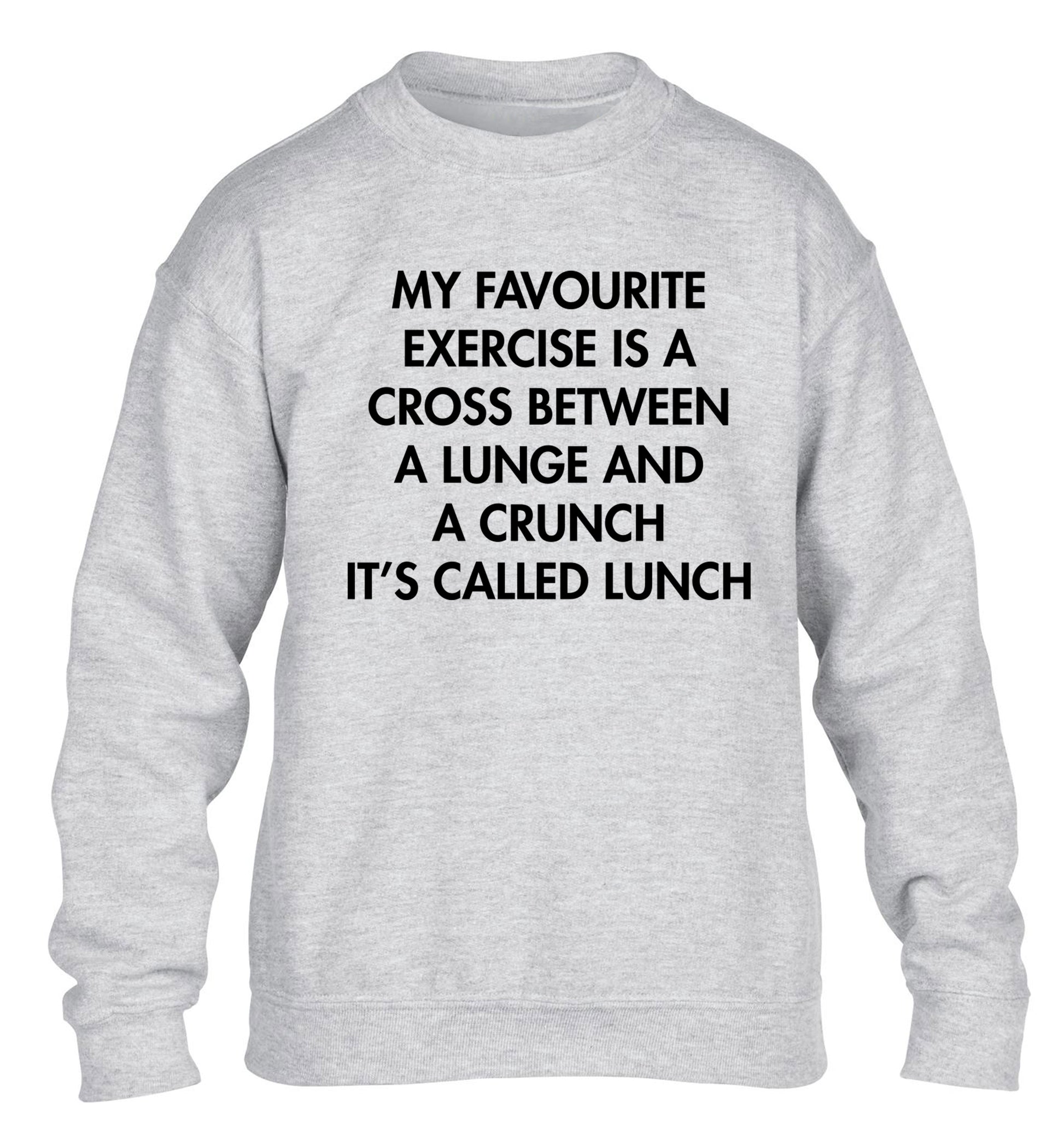 My favourite exercise is a cross between a lung and a crunch it's called lunch children's grey sweater 12-14 Years