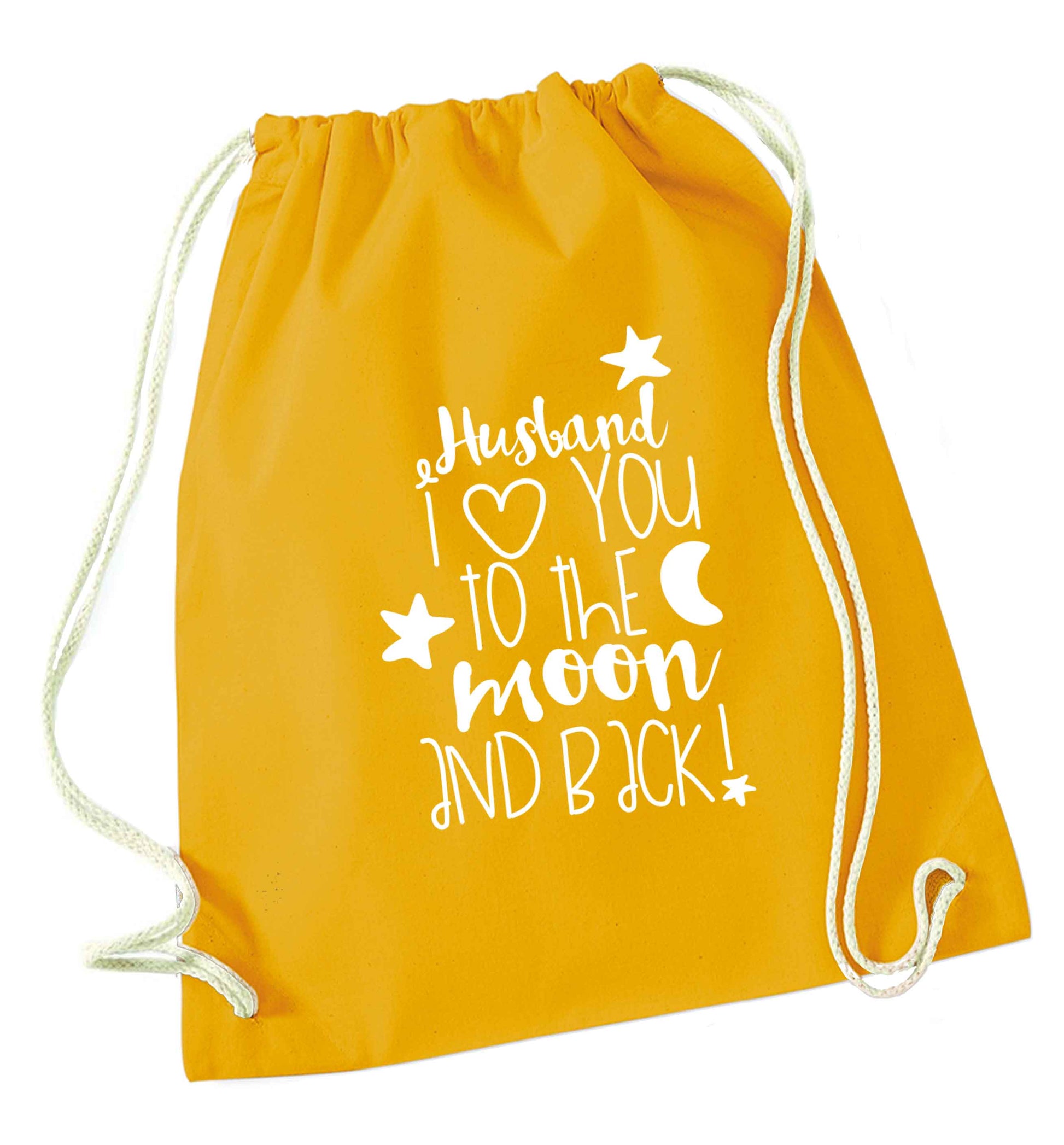 Husband I love you to the moon and back mustard drawstring bag