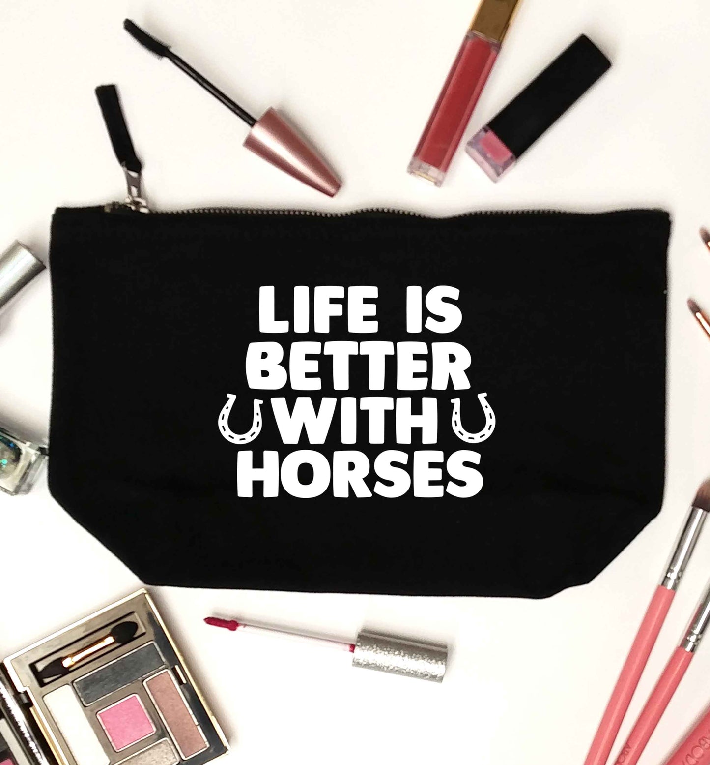 Life is better with horses black makeup bag