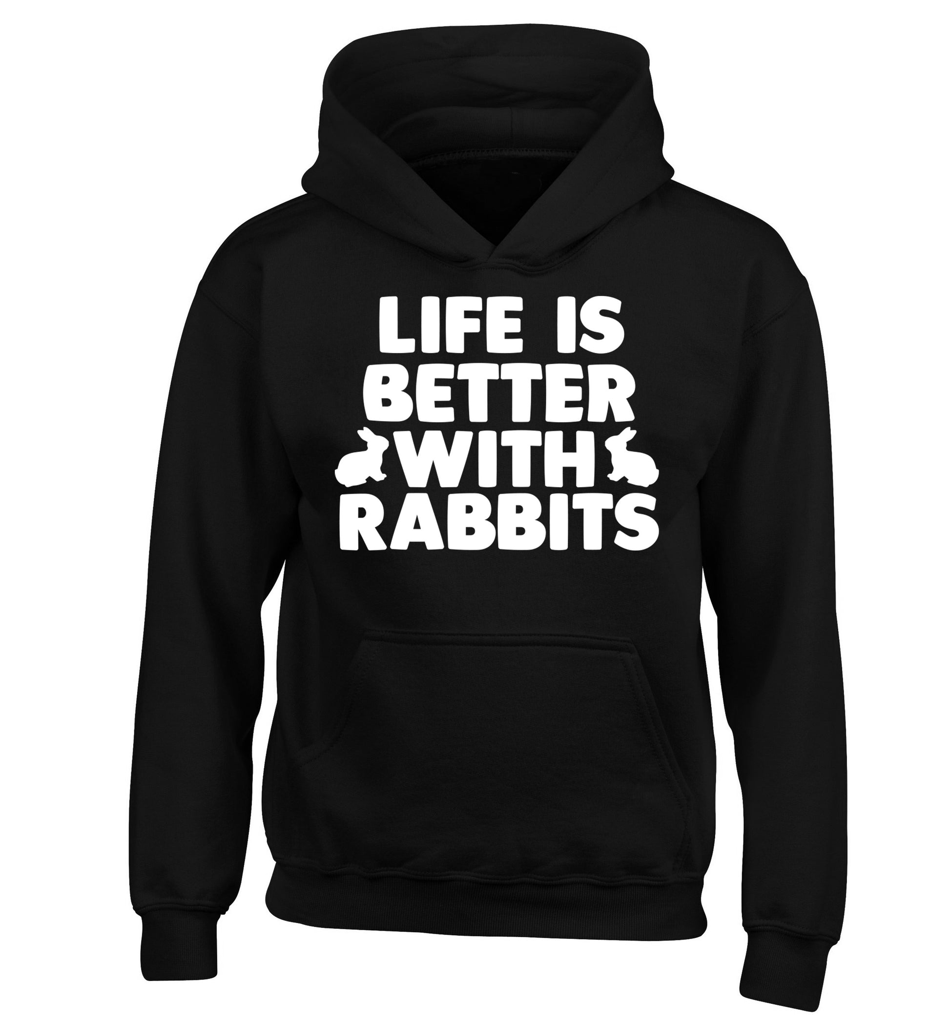 Life is better with rabbits children's black hoodie 12-14 Years