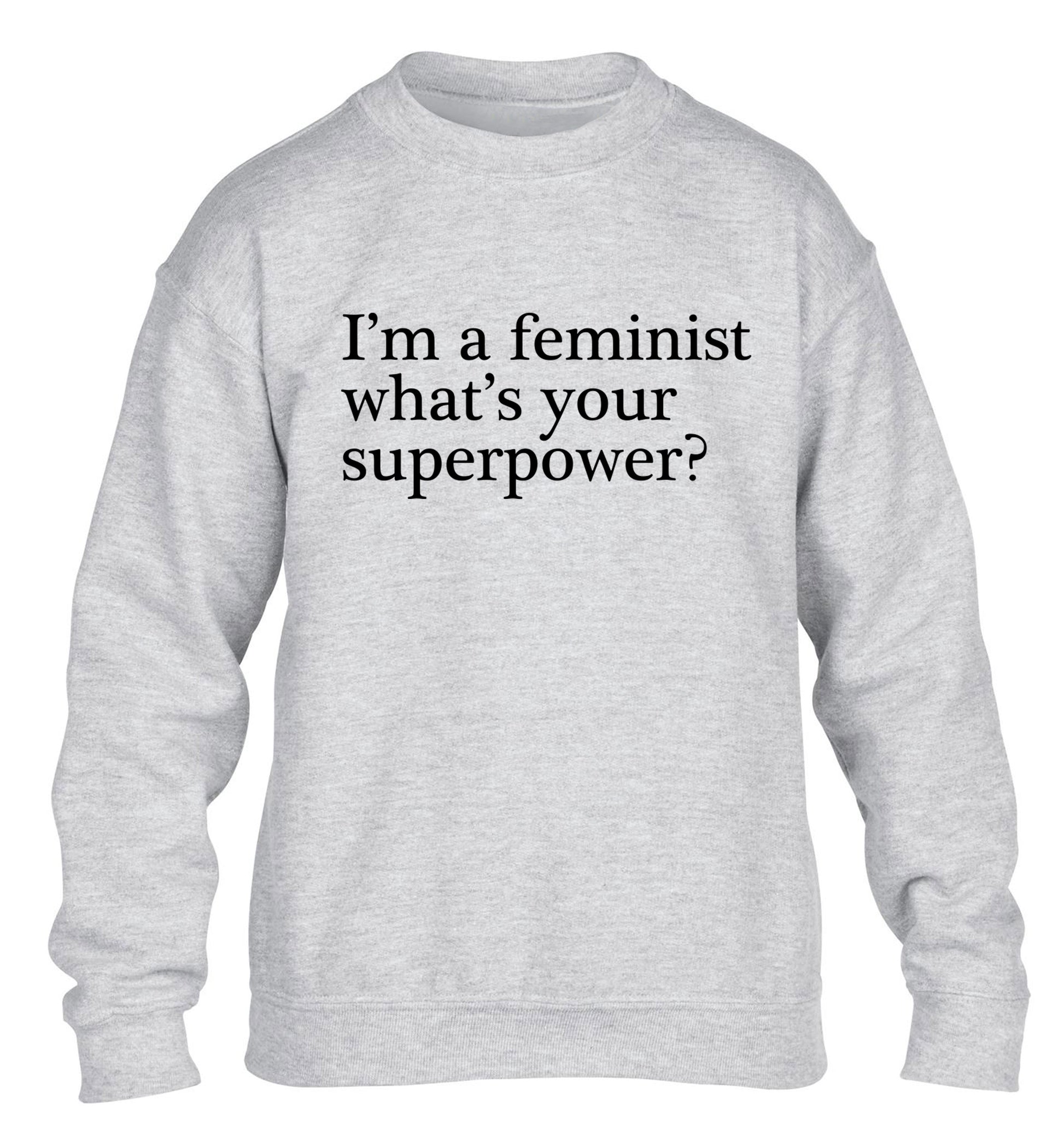 I'm a feminist what's your superpower? children's grey sweater 12-14 Years