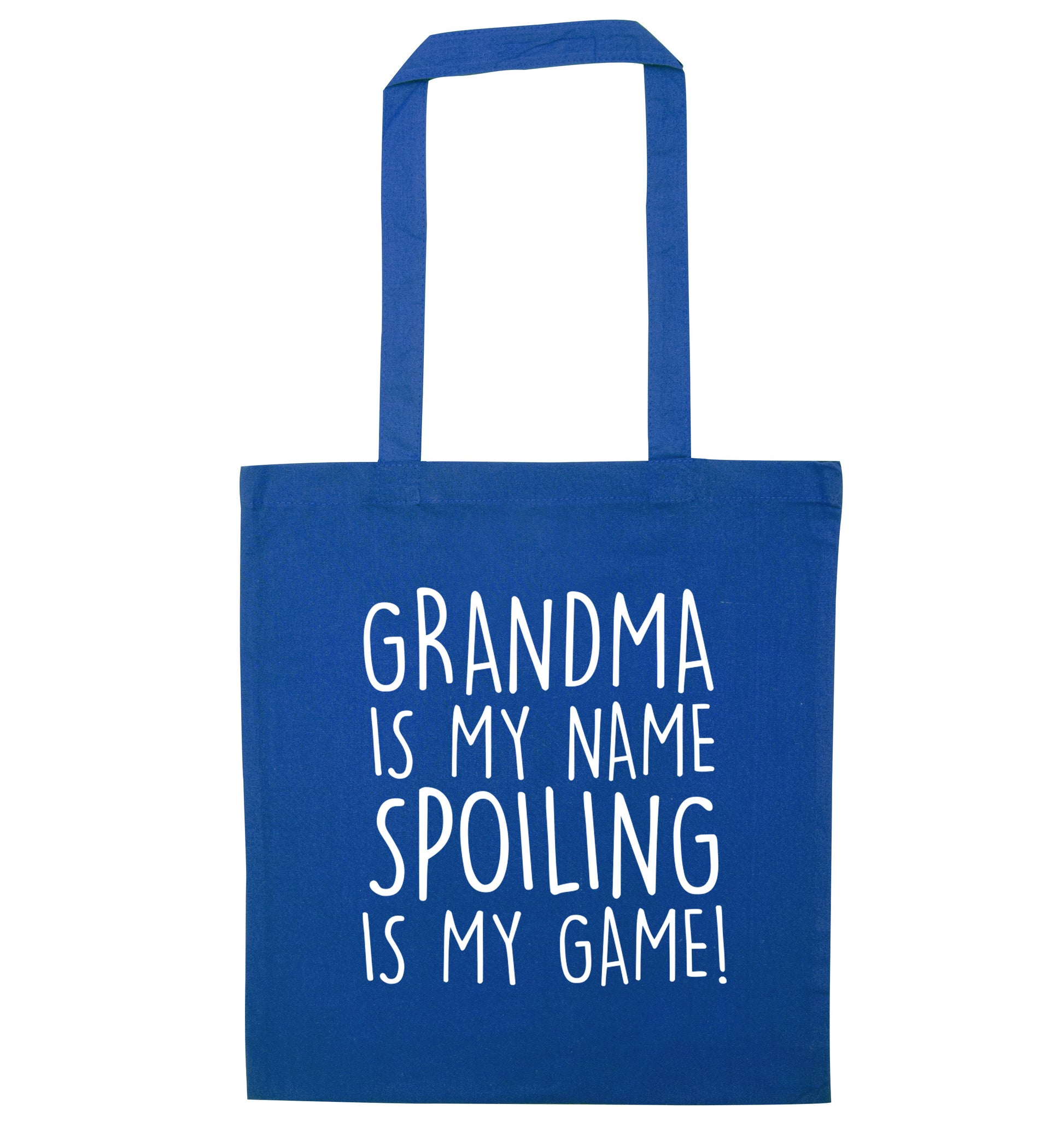 Grandma is my name, spoiling is my game blue tote bag