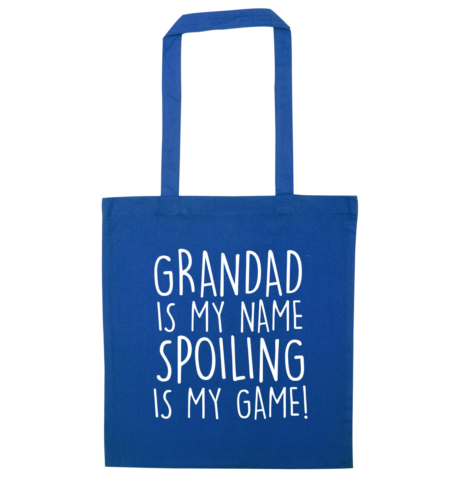 Grandad is my name, spoiling is my game blue tote bag