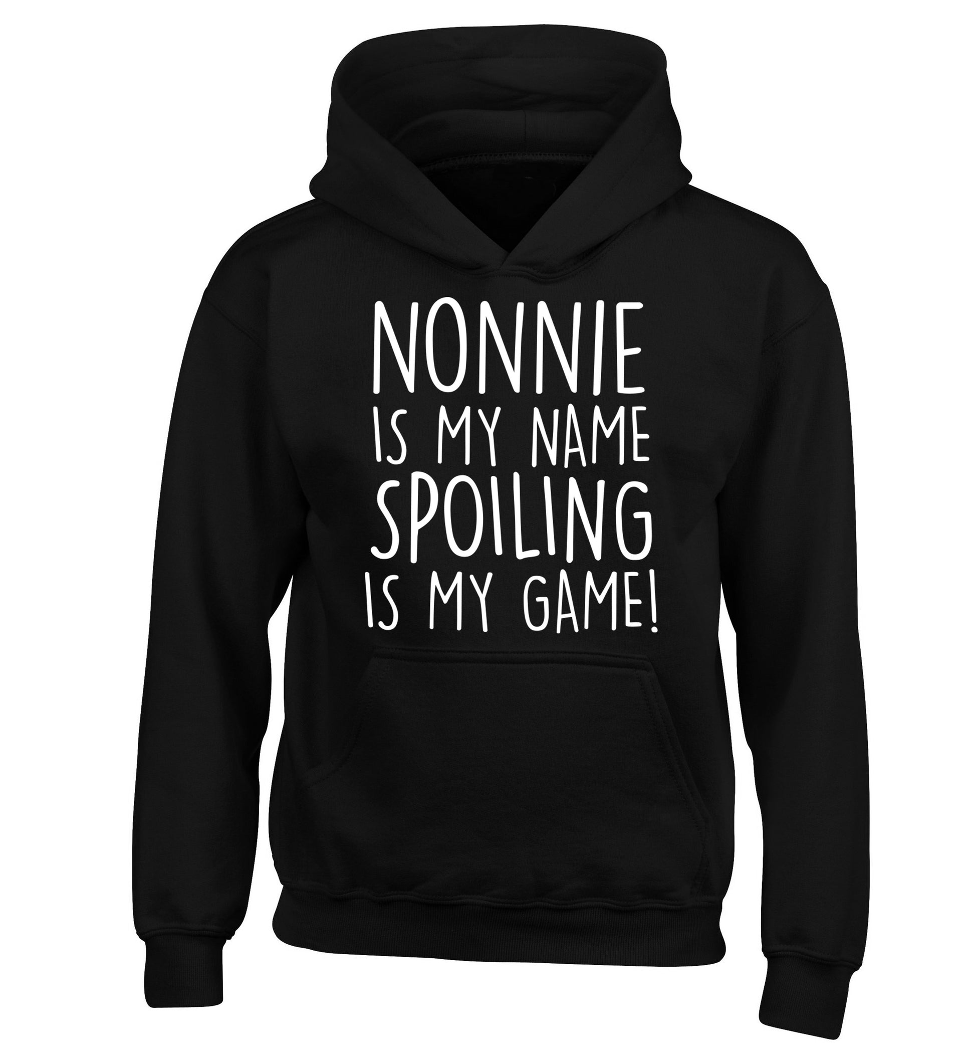 Nonnie is my name, spoiling is my game children's black hoodie 12-14 Years