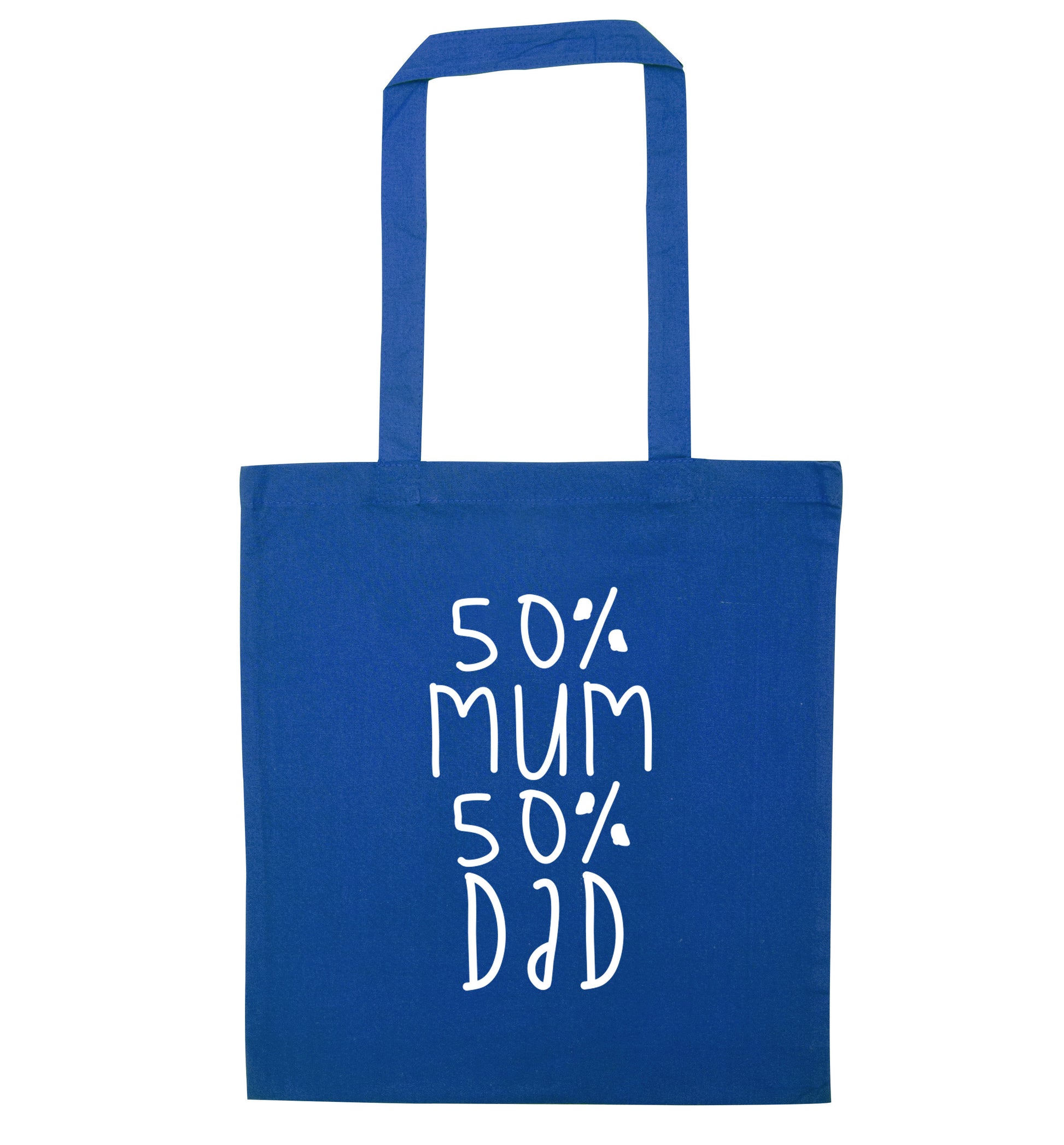 50% mum 50% dad blue tote bag