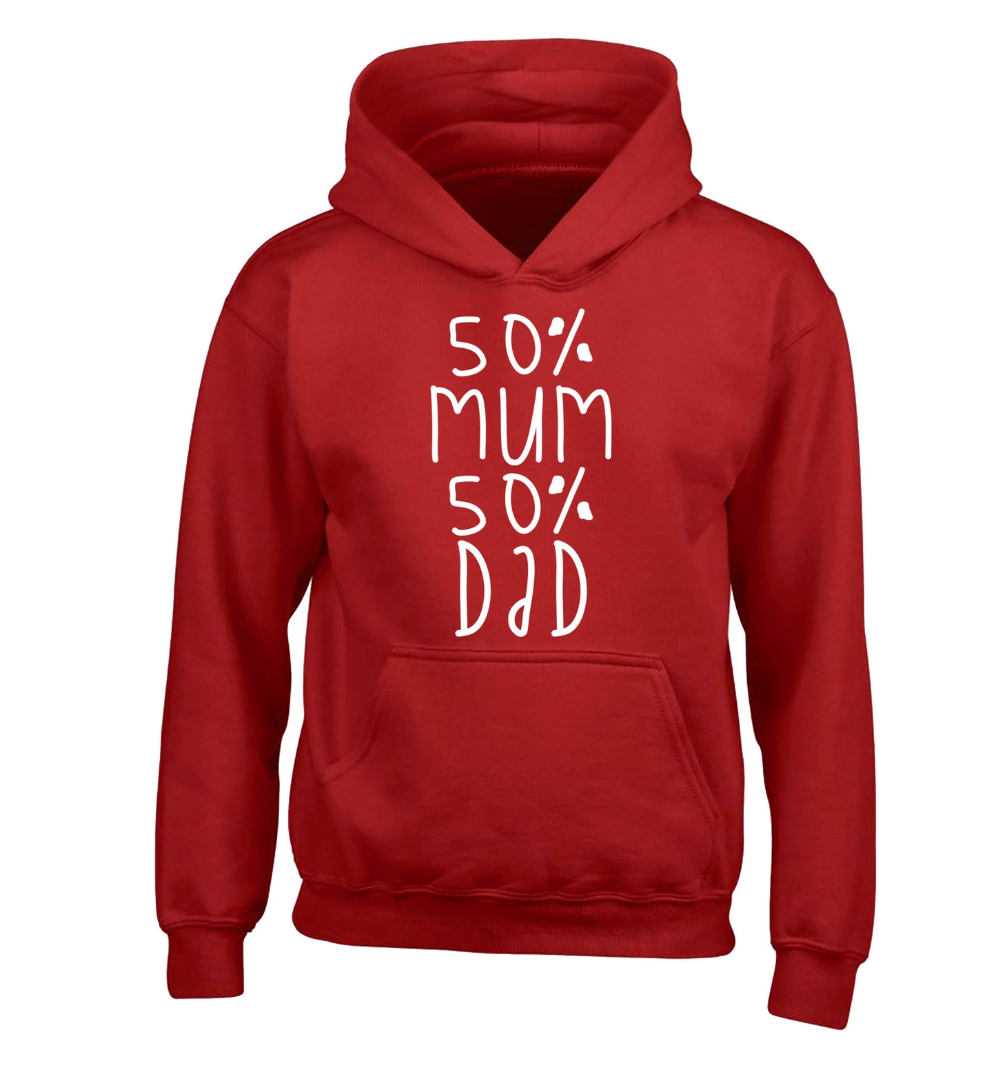 50% mum 50% dad children's red hoodie 12-14 Years