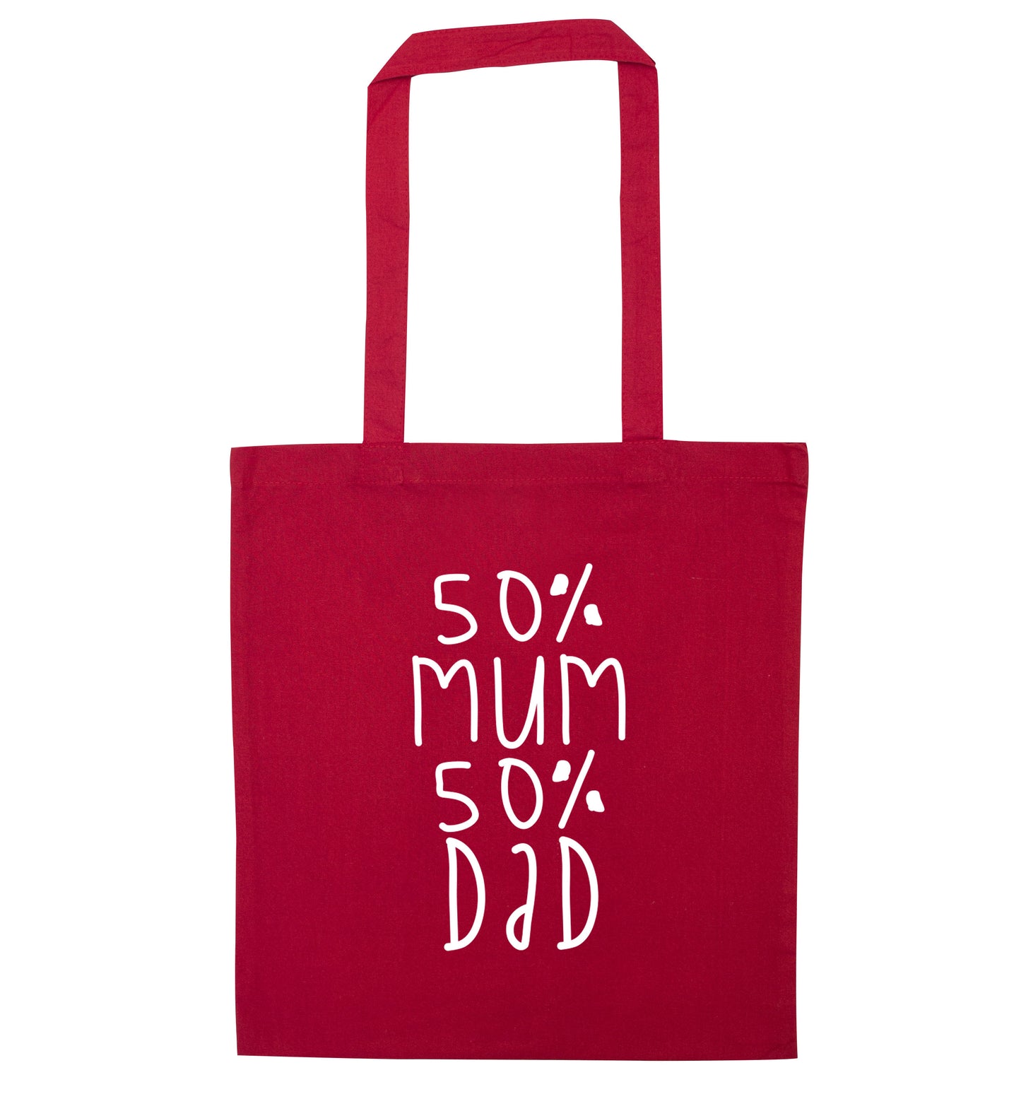 50% mum 50% dad red tote bag