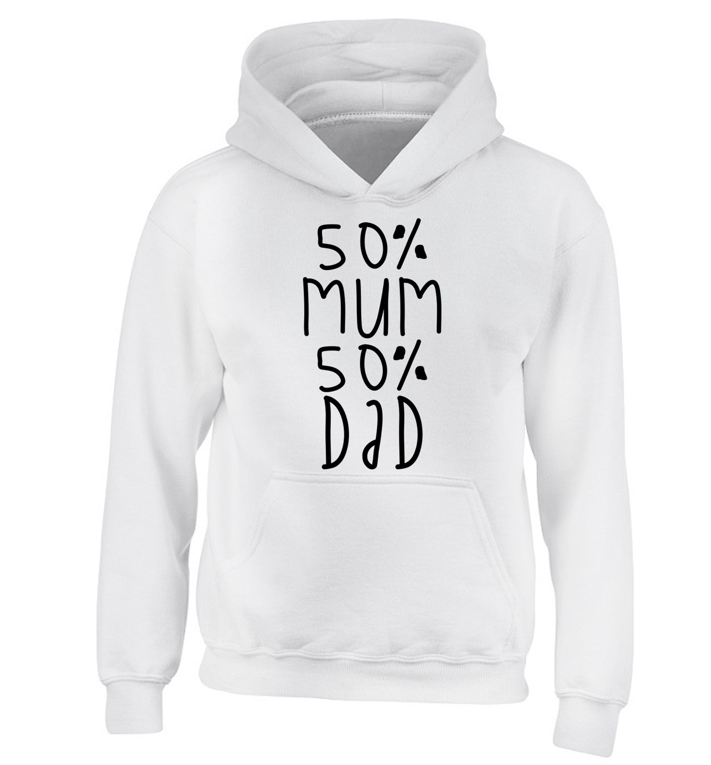 50% mum 50% dad children's white hoodie 12-14 Years