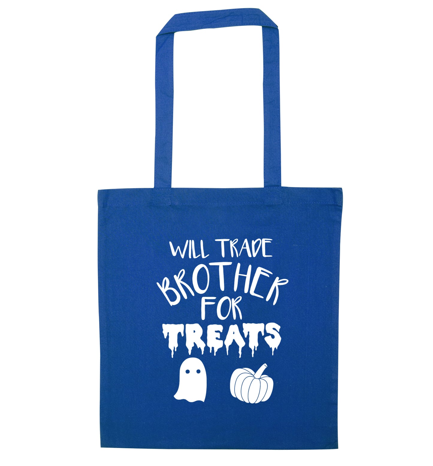 Will trade brother for treats blue tote bag