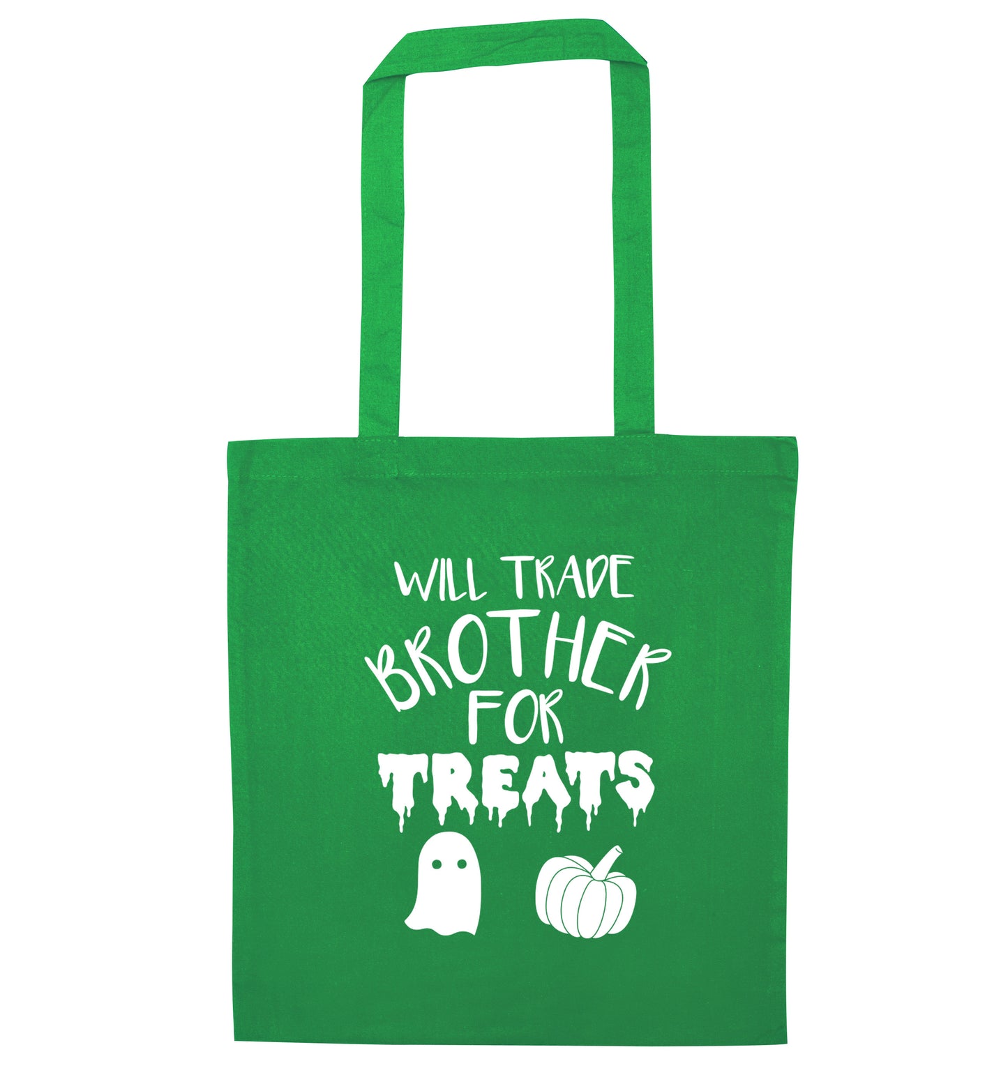 Will trade brother for treats green tote bag