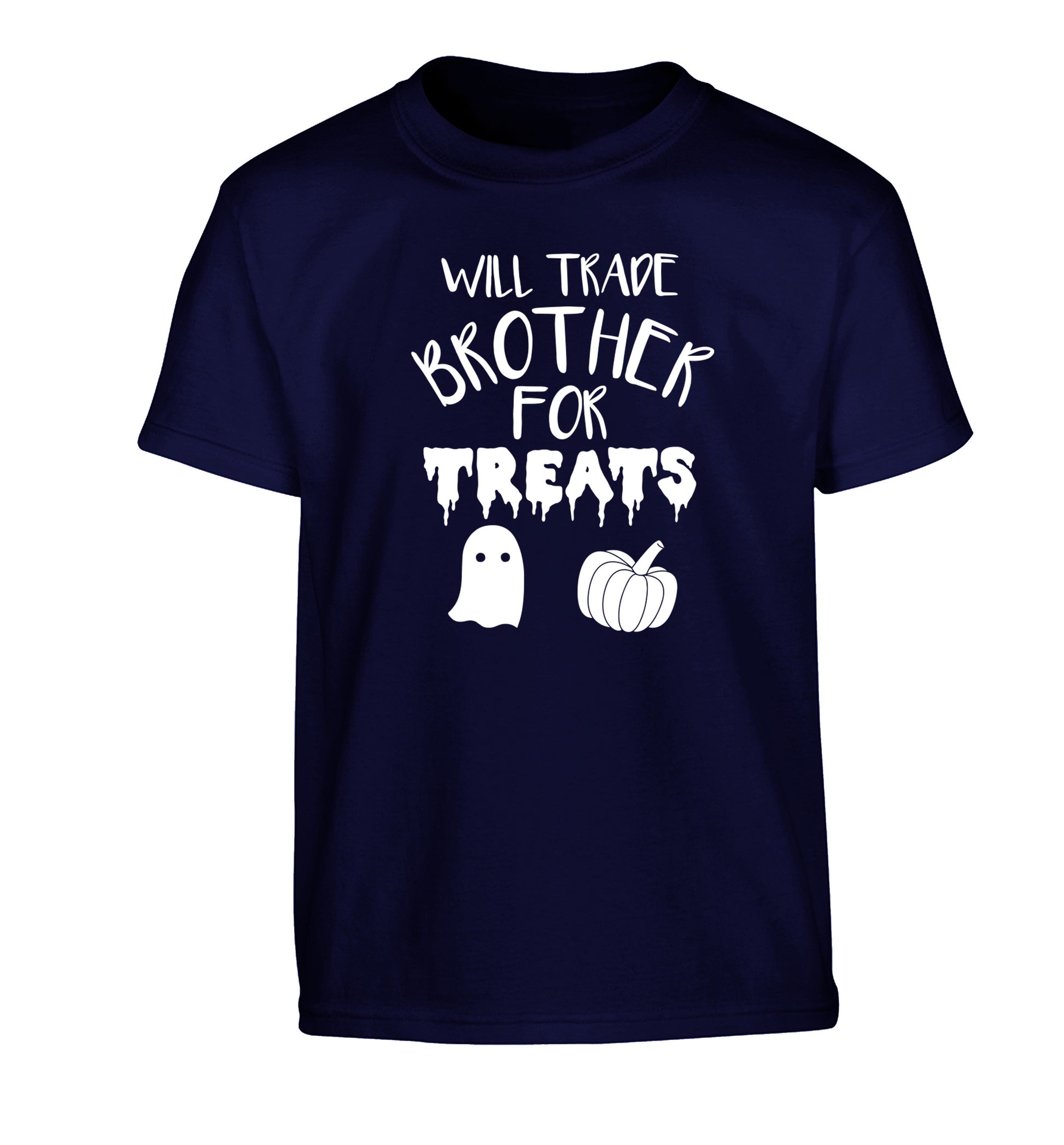 Will trade brother for treats Children's navy Tshirt 12-14 Years