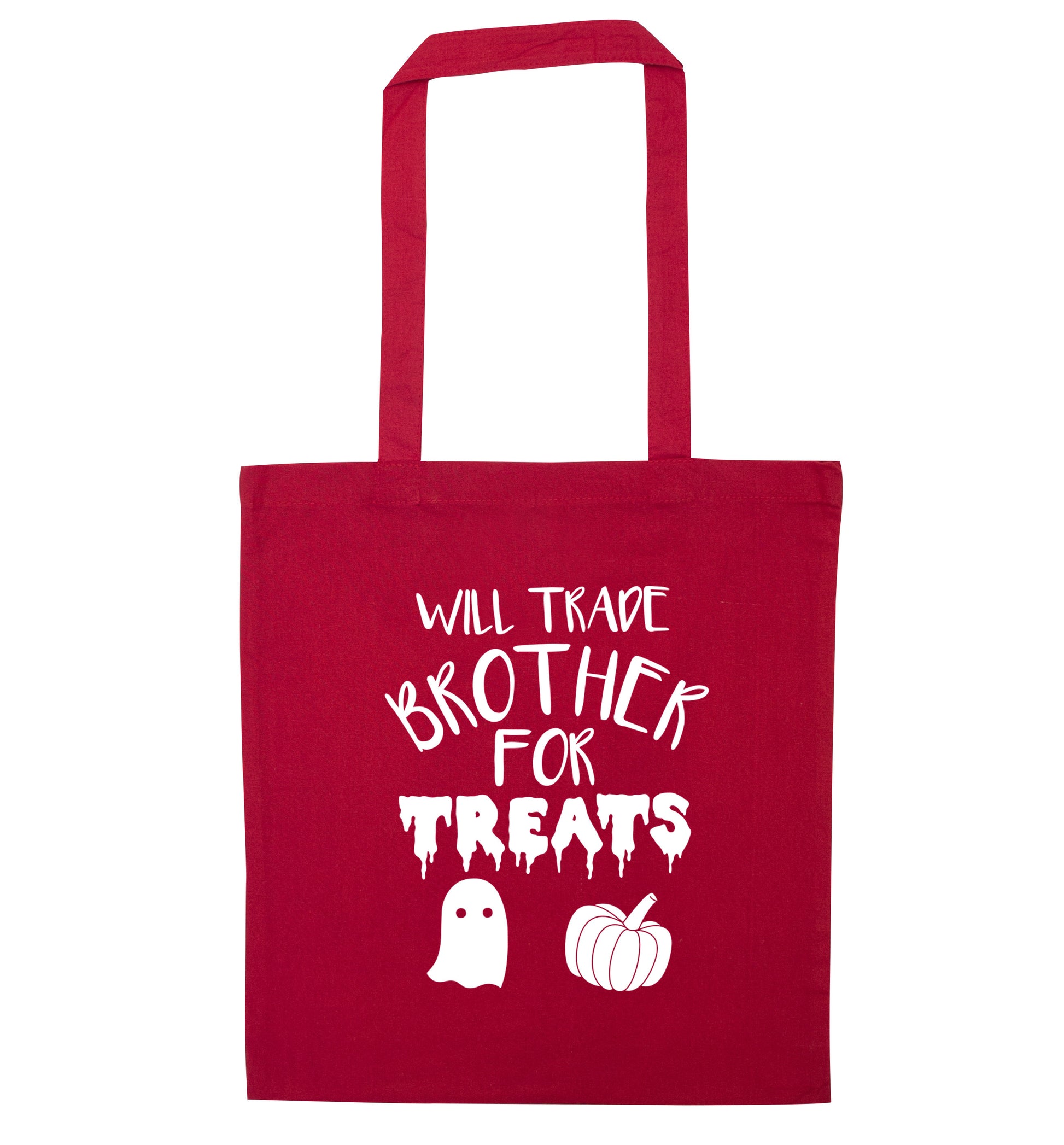 Will trade brother for treats red tote bag