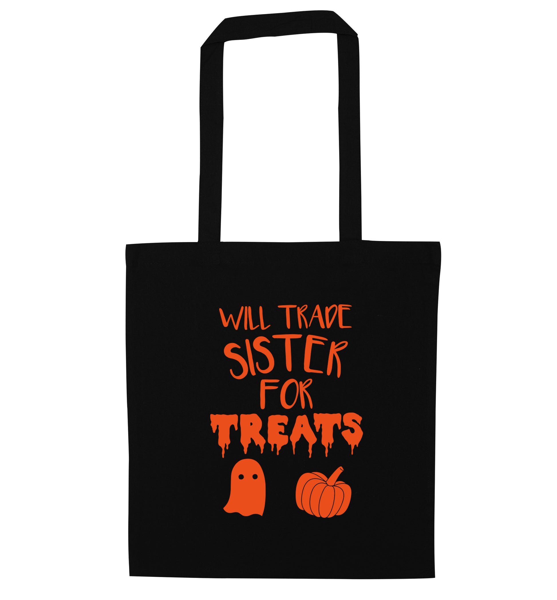 Will trade sister for treats black tote bag